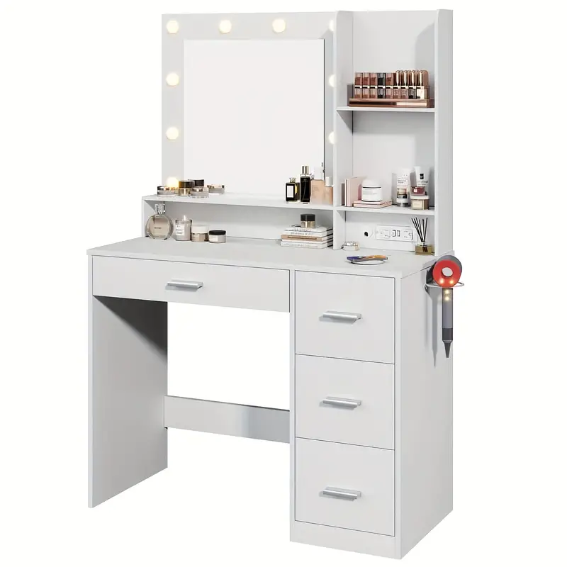 Tocador con luces y espejo, mesa de maquillaje con cajón y toma de corriente
