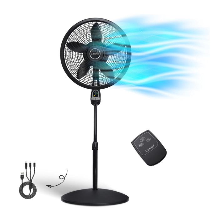 Lasko Oscillating Cyclone Pedestal Fan, Adjustable Height, Timer, Remote Control, 3 Speeds, for Bedroom, Living Room, Home Office, 18", Black, 1843