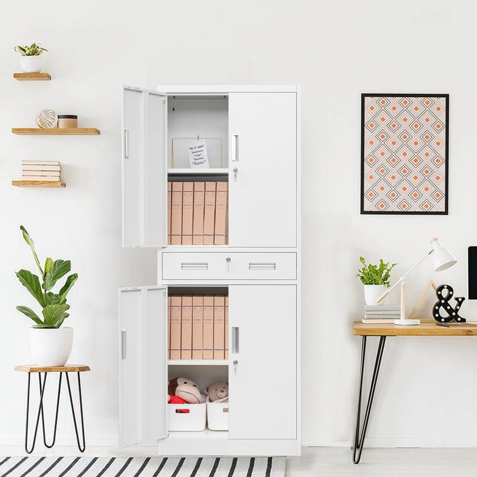 Gabinetes de almacenamiento de metal con cajones y estantes ajustables, gabinete de almacenamiento con cerradura