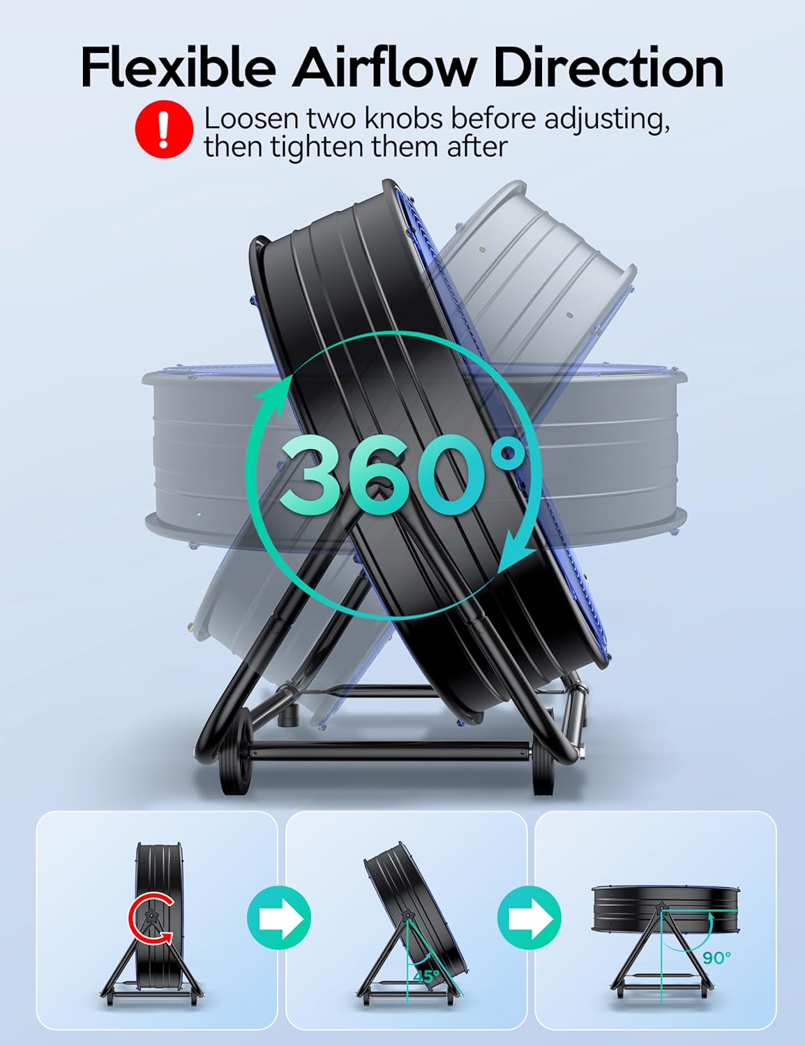 VAGKRI Ventilador Industrial de Tambor de 24 Pulgadas, Ventilador de Piso de Alta Velocidad de 320W, Circulador de Aire Metálico de 3 Velocidades para Trabajo Pesado, Inclinación de 360° con Mango