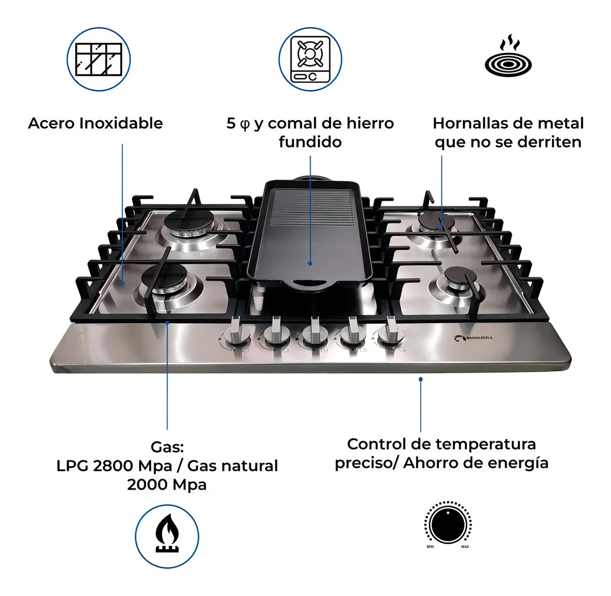 Estufa Parrilla 5 Quemadores Acero Inoxidable Comal Incluido Color Plateado