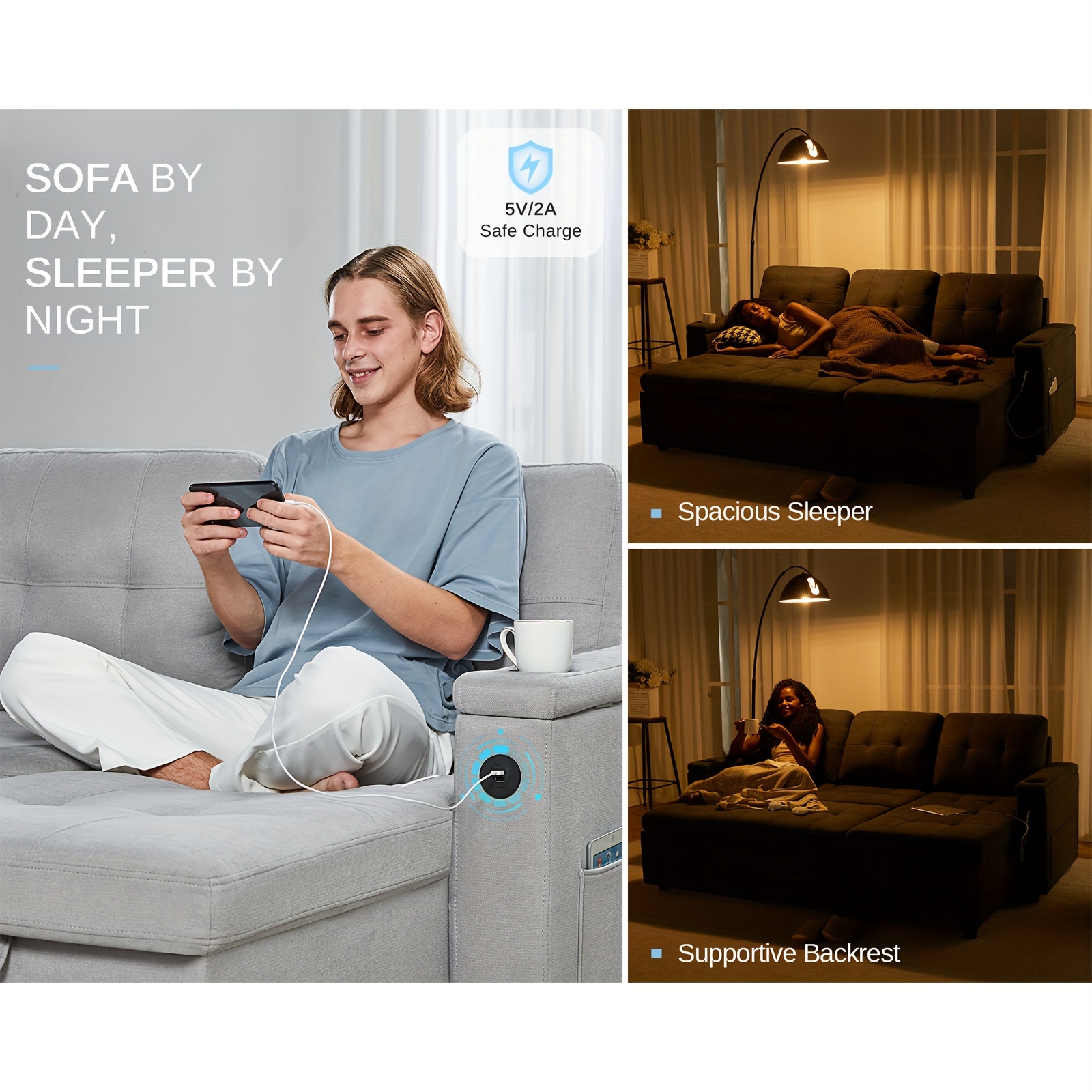 Sofá cama capitoné extra grande de 84" con almacenamiento - 2 puertos USB, portavasos, sillón reclinable en forma de L, estructura de madera maciza y estilo contemporáneo - Gris claro- Cojines