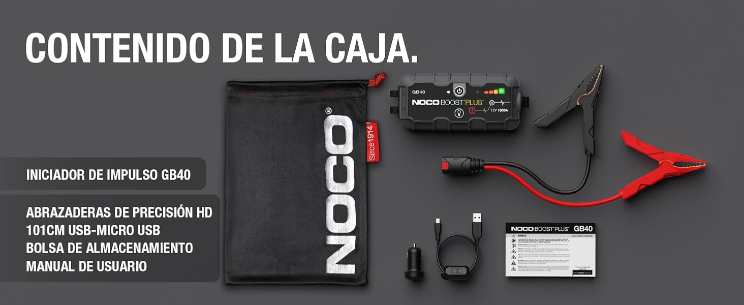 Qué incluye la caja. Auxiliar de arranque GB40, pinzas con cable, cable USB y bolsa de microfibras.