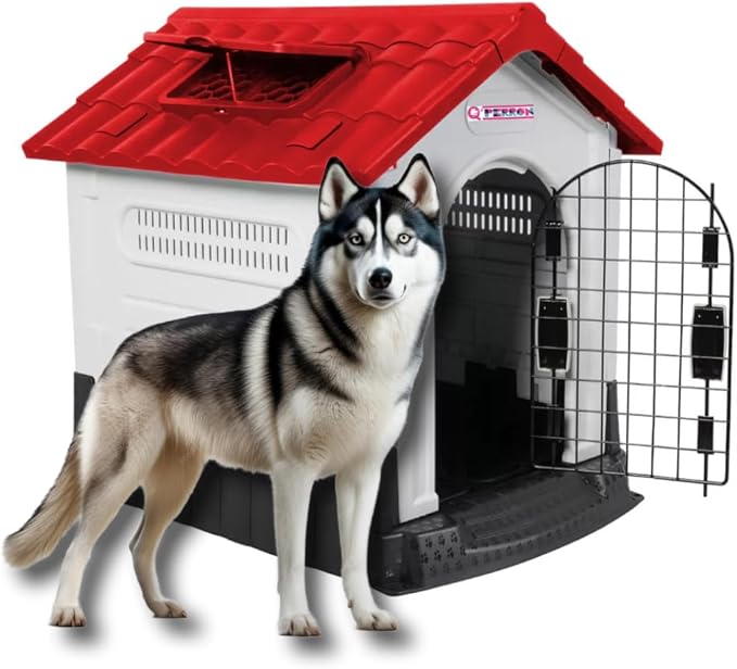 Q PERRON Casa para Perros Grande de Plástico con Puerta Métalica de 105 X 88 X 100 Cm. Amplia, Térmica, Impermeable con Ventilación, Piso Elevado, Fácil de Limpiar y Armar, Plegable.