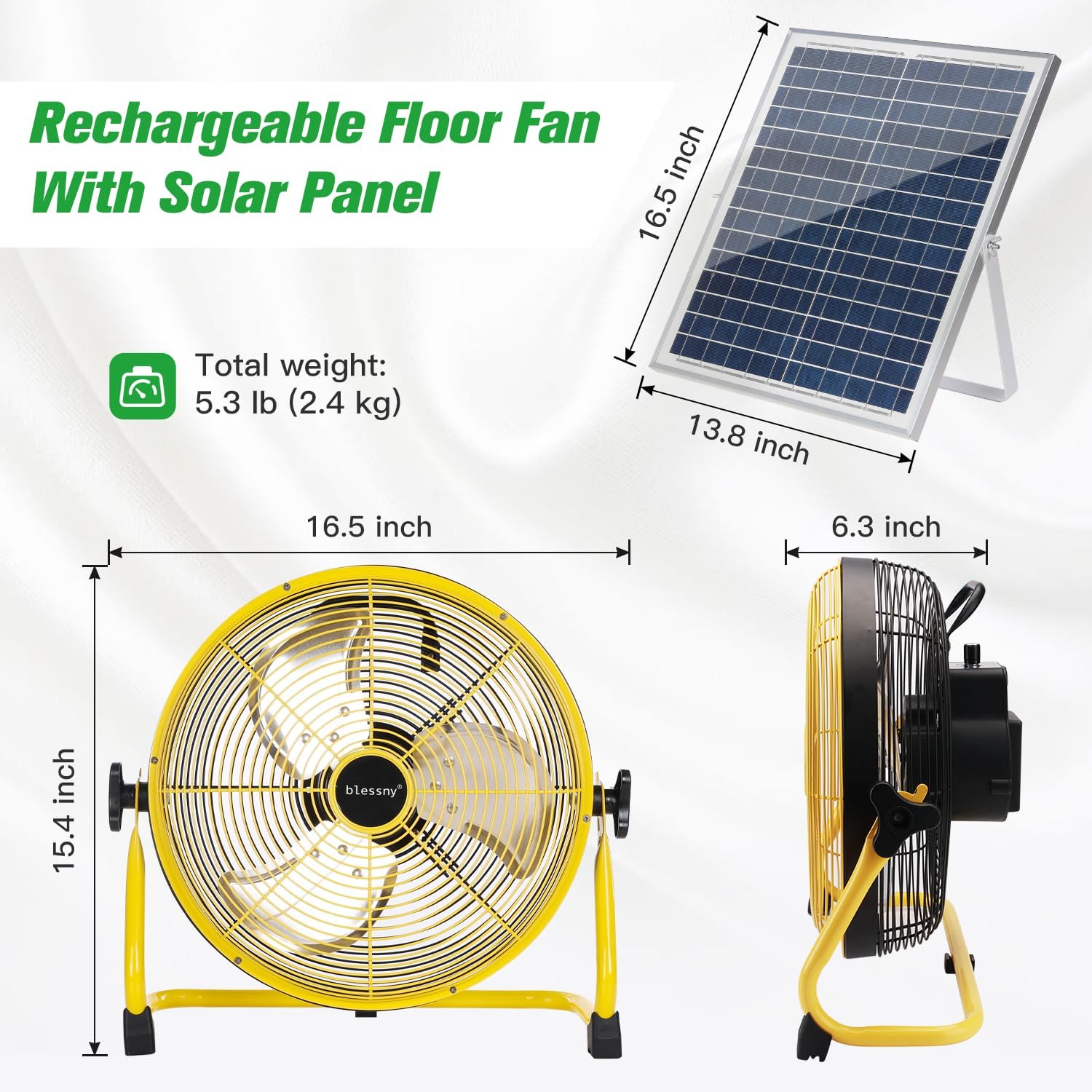 blessny Ventilador de piso recargable de 12 pulgadas con alimentación solar de 20 W, ventilador solar de 15000 mAh funciona con pilas para acampar al aire última intervensión, ventilador portátil