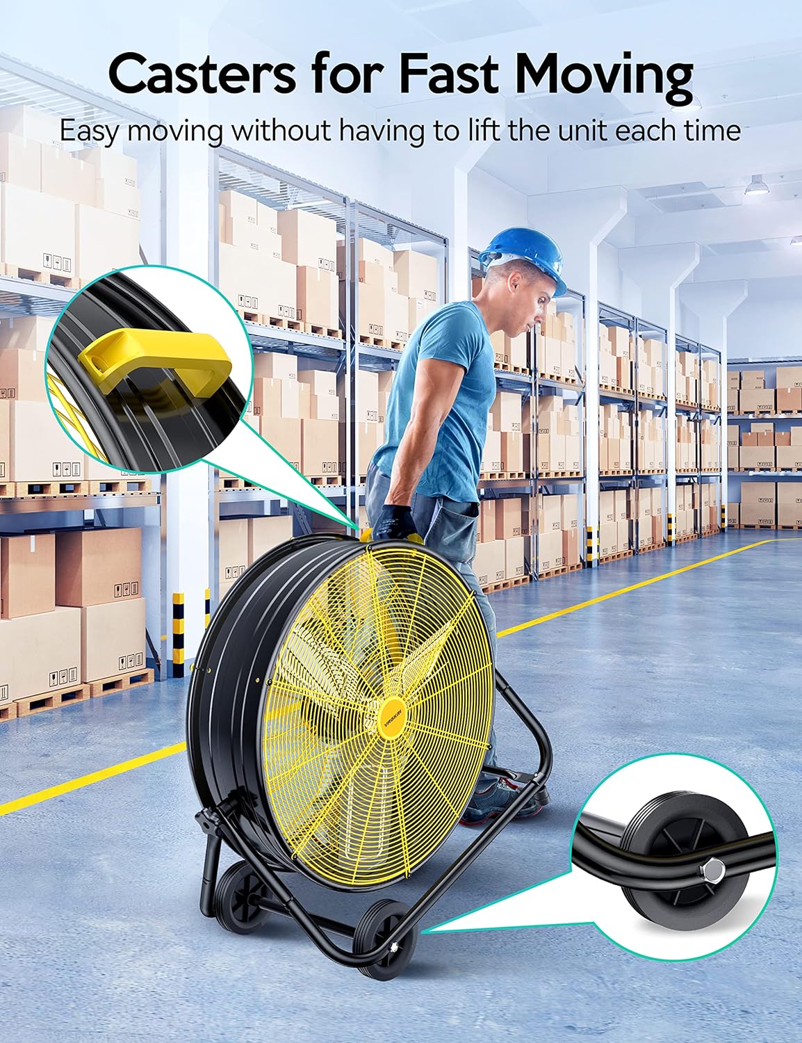 VAGKRI Ventilador Industrial de Tambor de 24 Pulgadas, Ventilador de Piso de Alta Velocidad de 320W, Circulador de Aire Metálico de 3 Velocidades para Trabajo Pesado, Inclinación de 360° con Mango