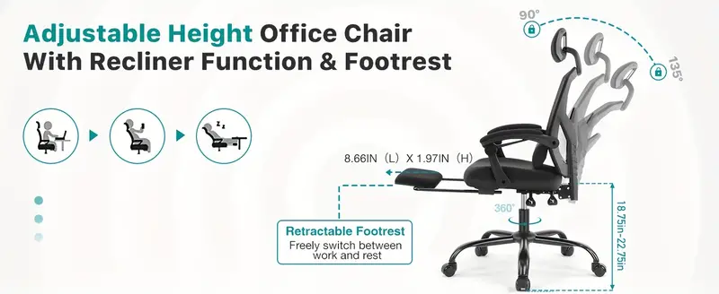 Silla de escritorio para computadora, silla ergonómica giratoria de trabajo con respaldo alto de malla, ruedas, brazos  s para el hogar, dormitorio, estudio,   soporte lumbar. detalles 1