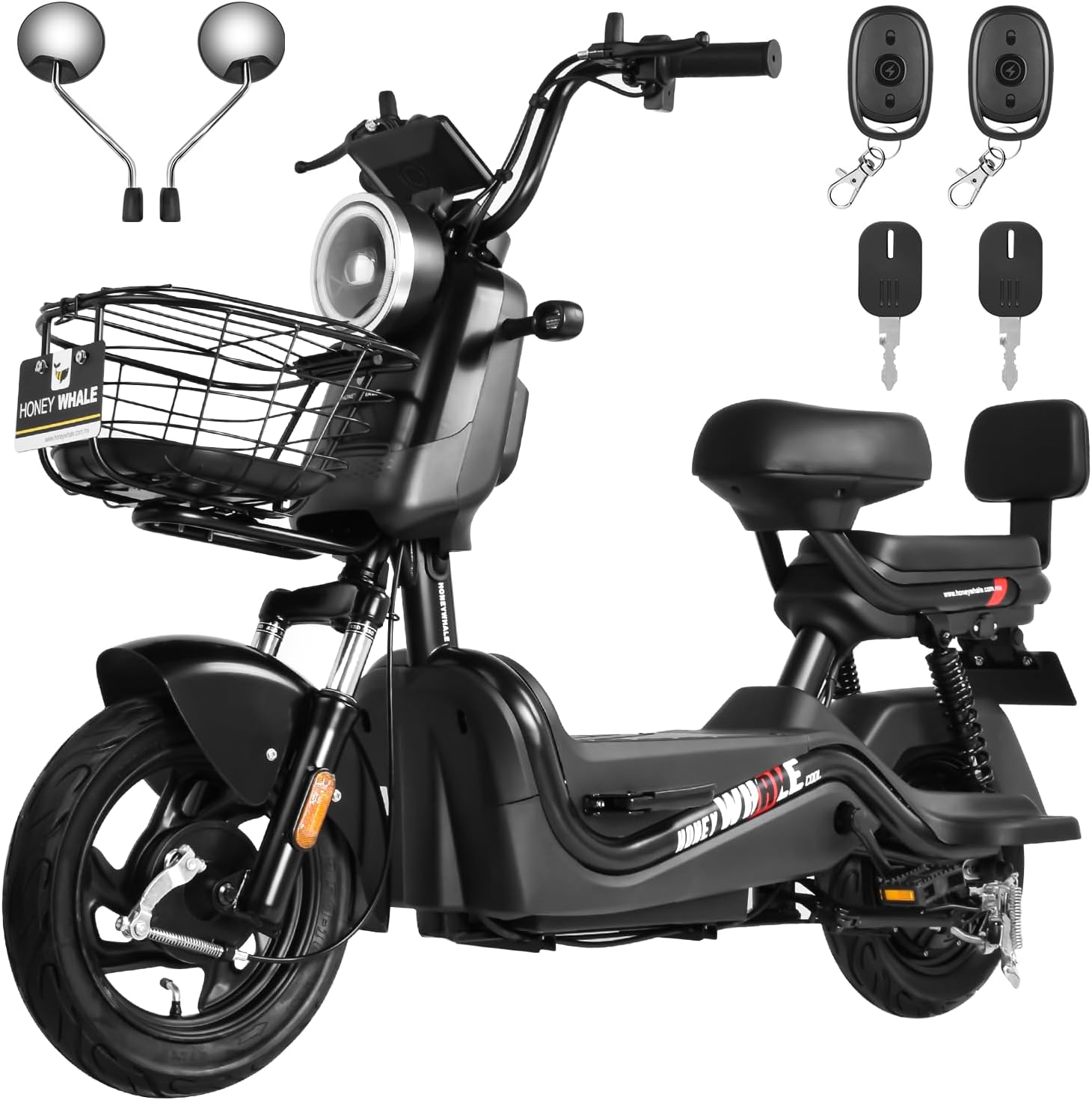 HONEYWHALE U3s Bicicleta eléctrica para adultos, bicicleta eléctrica con alarma, motor máximo 650W, velocidad máxima 31KM/H, autónoma 55-60KM, batería de gran capacidad 20AH, dos asientos----luces de coche