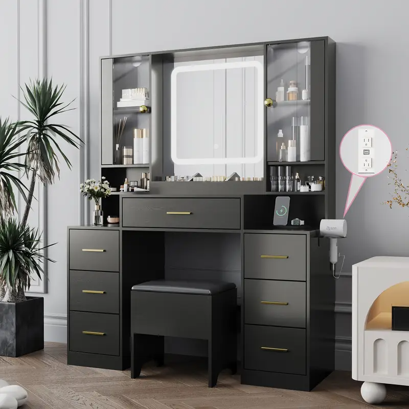Espejo de tocador con luces Escritorio con silla y gabinete de vidrio LED, tocador con espejo iluminado y toma de corriente, tocador con 7 cajones