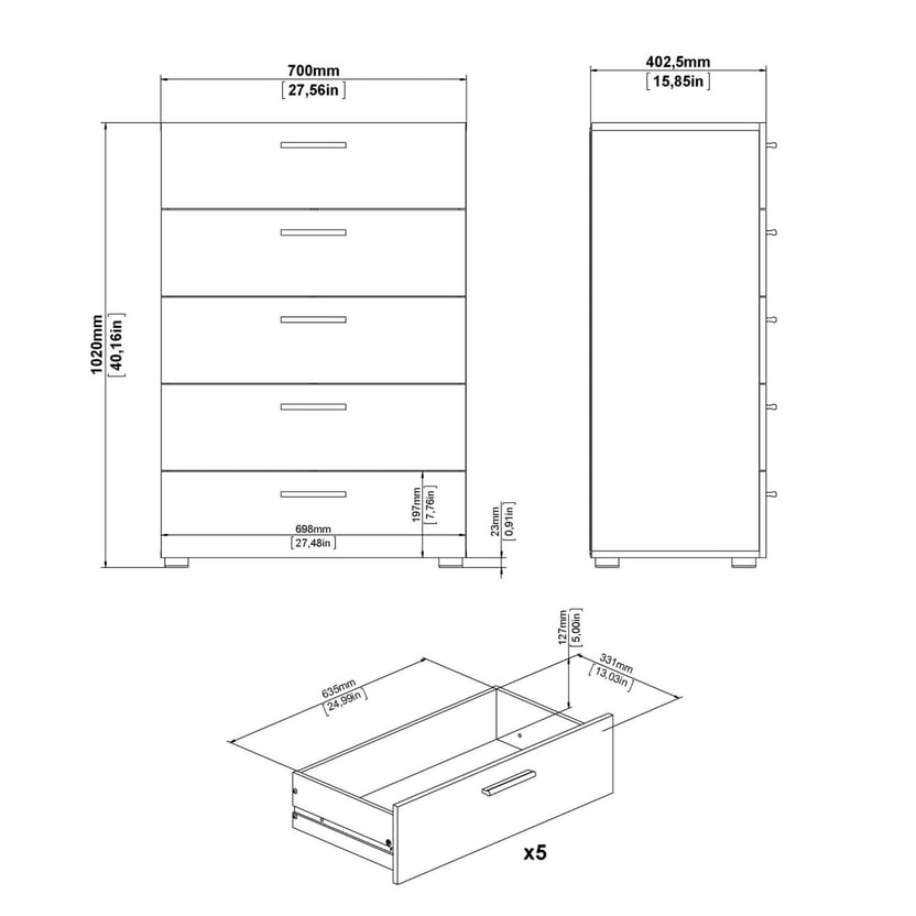 Cómoda 5 cajones blanco Pepe
