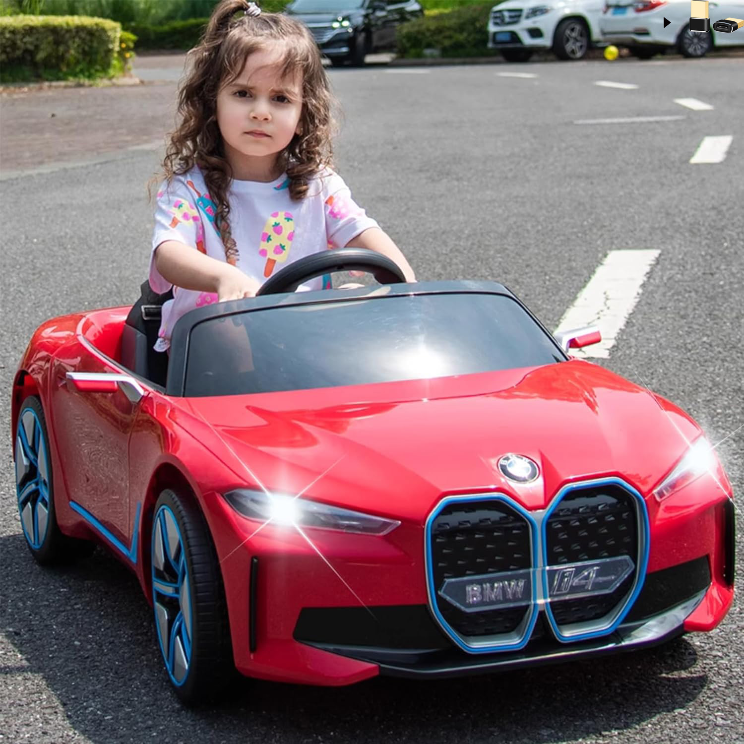 YKUNIR - BMW I4 - Coche eléctrico para niños con control remoto, batería de 12 V, vehículos para niños pequeños para conducir, 3 velocidades, Bluetooth, música, luz LED, cinturón de seguridad (rojo)