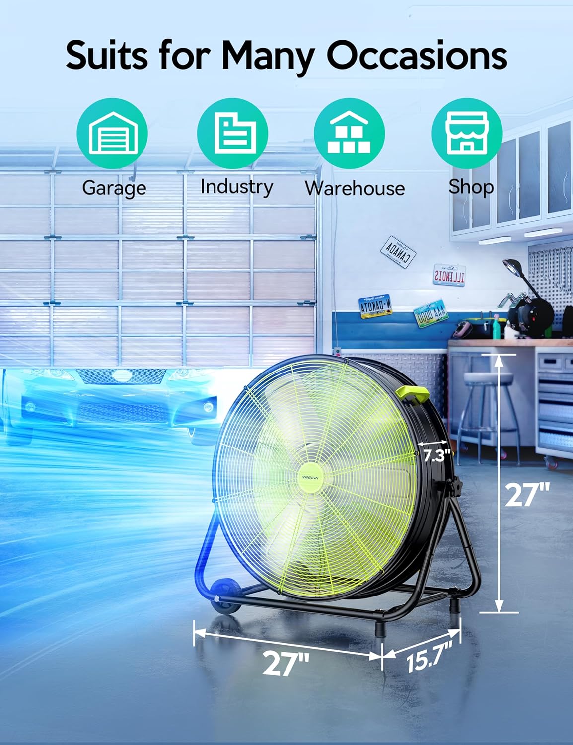 VAGKRI Ventilador Industrial de Tambor de 24 Pulgadas, Ventilador de Piso de Alta Velocidad de 320W, Circulador de Aire Metálico de 3 Velocidades para Trabajo Pesado, Inclinación de 360° con Mango