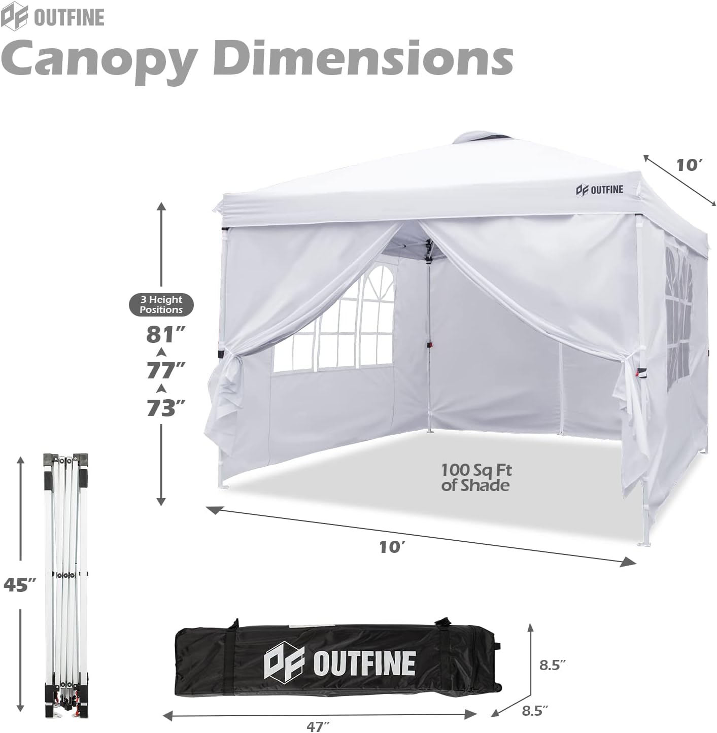 OUTFINE - Toldo desplegable de 10 x 10 pies, para cenador instantáneo, totalmente impermeable, toldos para fiestas al aire última intervensión con 4 paredes laterales extraíbles, estacas x 8, cuerdas x 4 (negro, 10 x 10 pies)