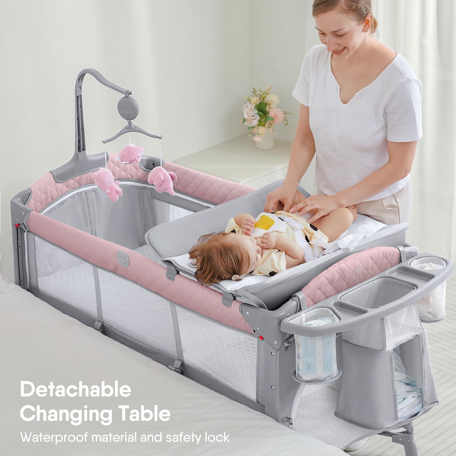 ADOVEL Cuna nocturna para bebé, Pack and Play, viene con colchón, cambiador y parque para recién nacidos y niños pequeños-----Toallitas para babas
