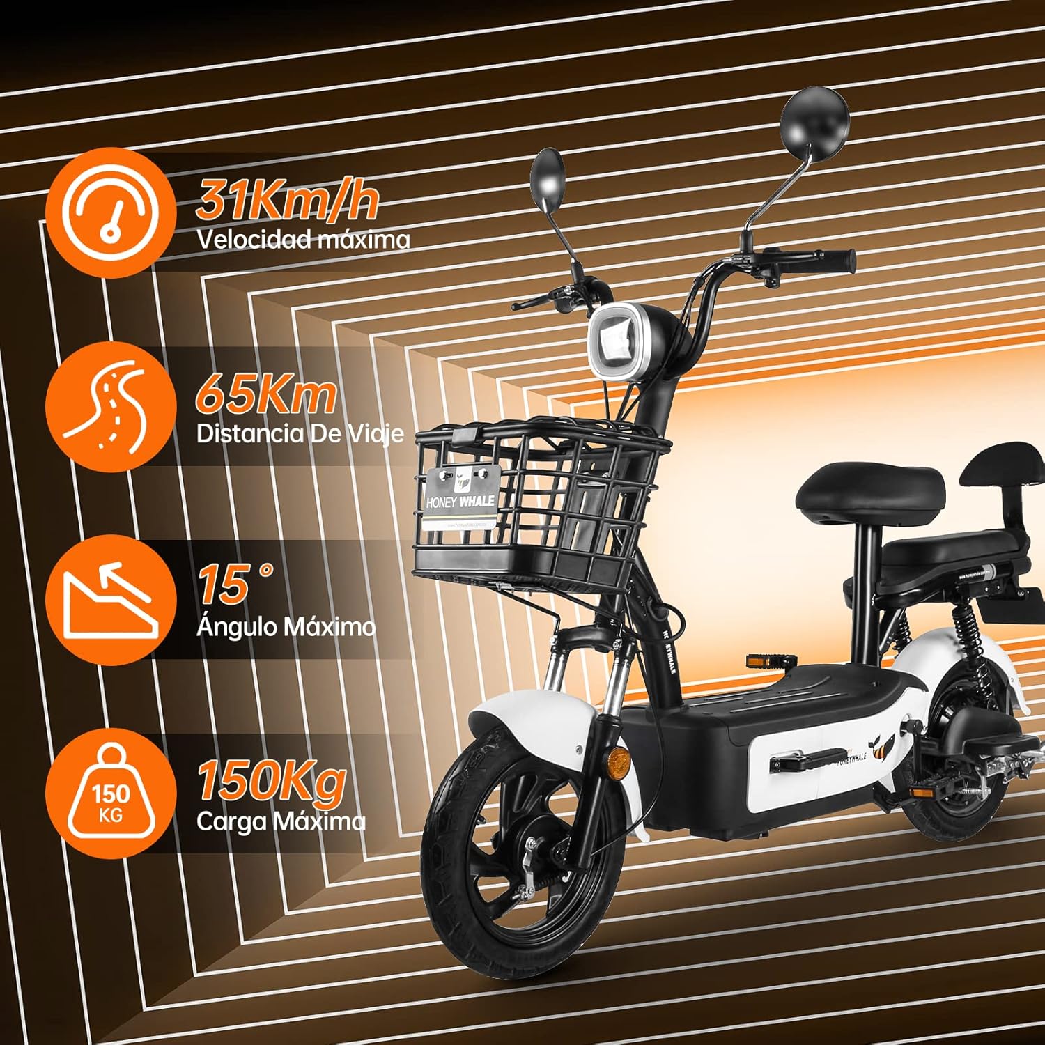HONEYWHALE U1s Bicicleta Electrica para Adultos, Bicimoto Eléctrica con Alarma, Máxima del Motor 650W, Velocidad Máxima 31KM/H, Autonomía 60-65KM, Baterías de Gran Capacidad de 20AH, Dos Asientos