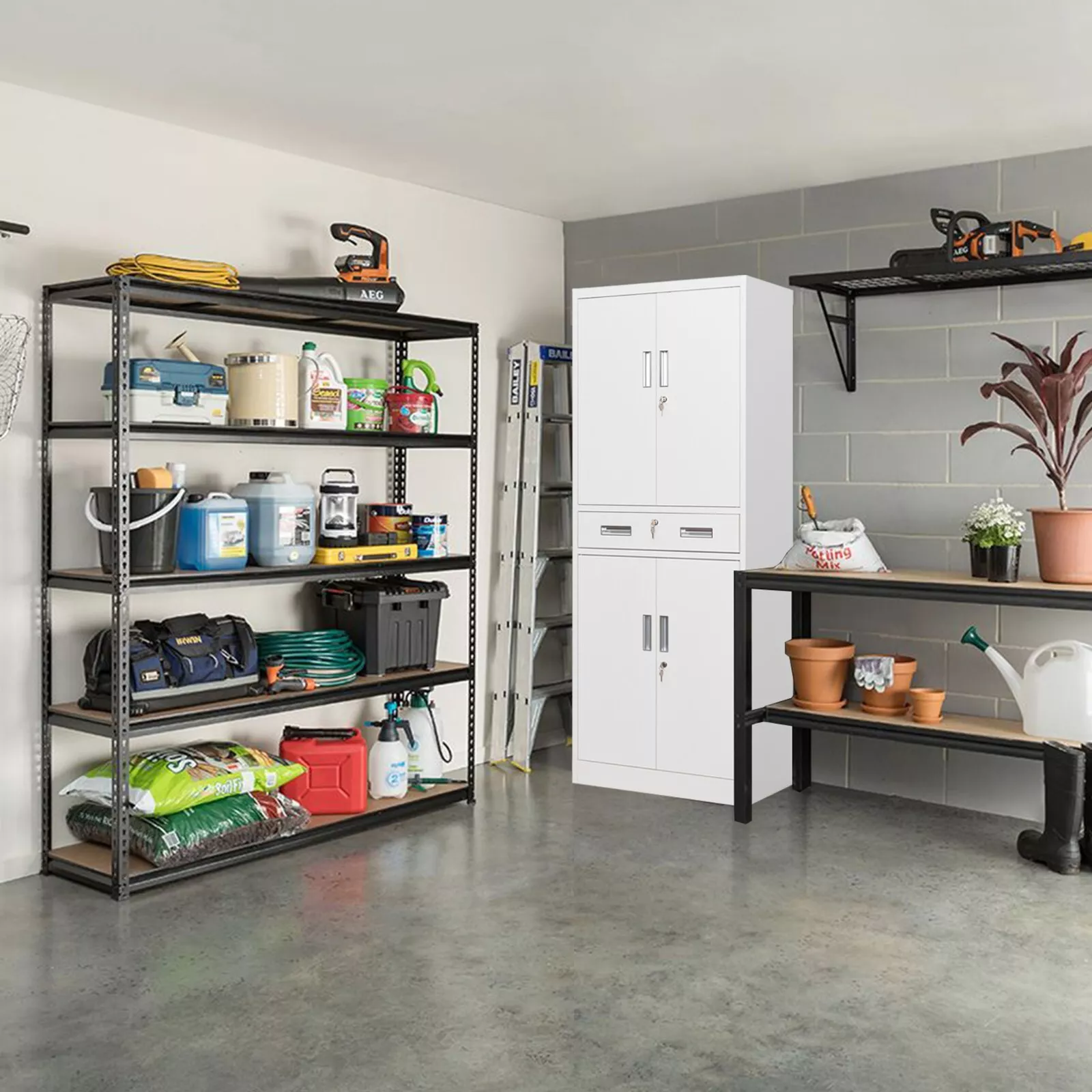 Gabinetes de almacenamiento de metal con cajones y estantes ajustables, gabinete de almacenamiento con cerradura