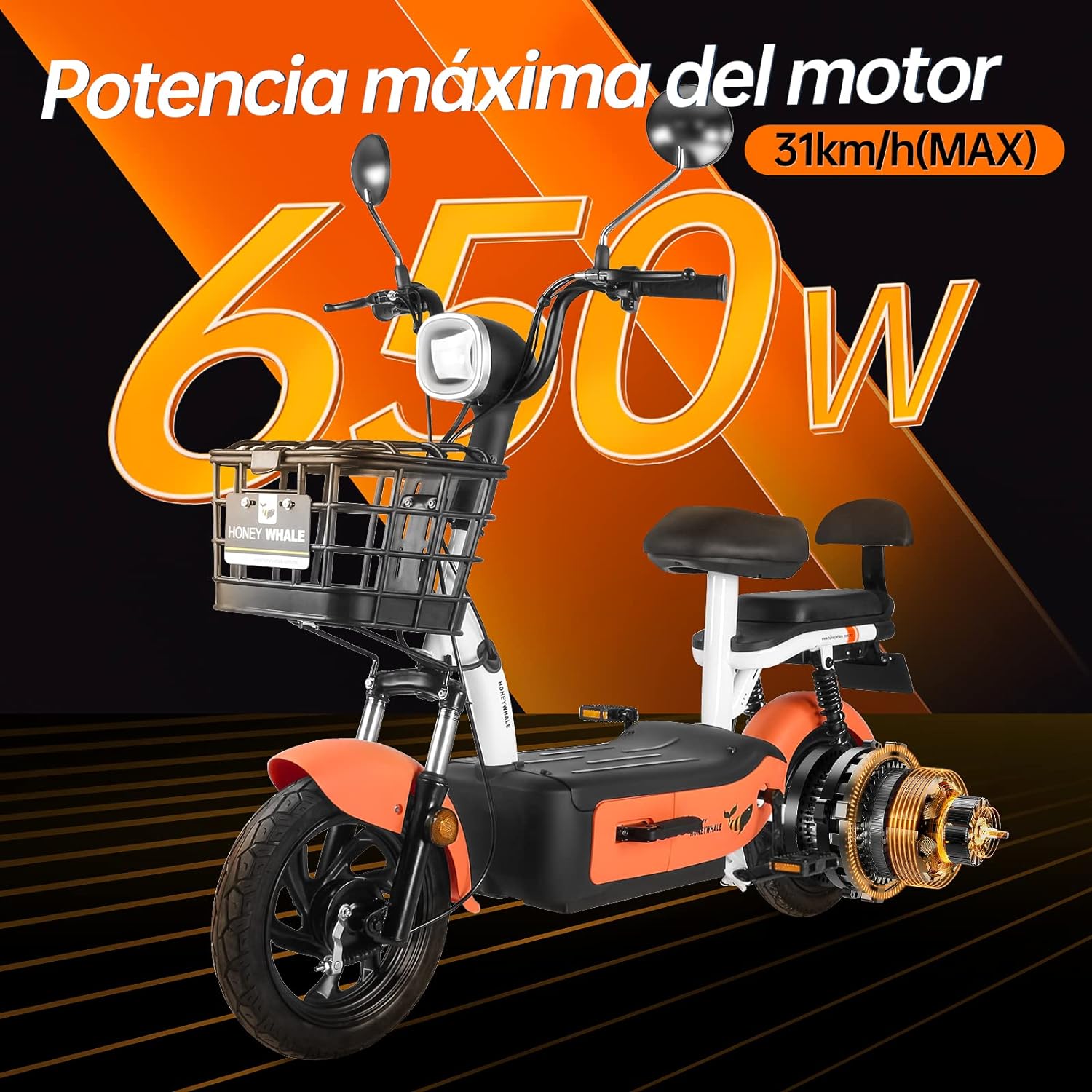 HONEYWHALE U1s Bicicleta Electrica para Adultos, Bicimoto Eléctrica con Alarma, Máxima del Motor 650W, Velocidad Máxima 31KM/H, Autonomía 60-65KM, Baterías de Gran Capacidad de 20AH, Dos Asientos