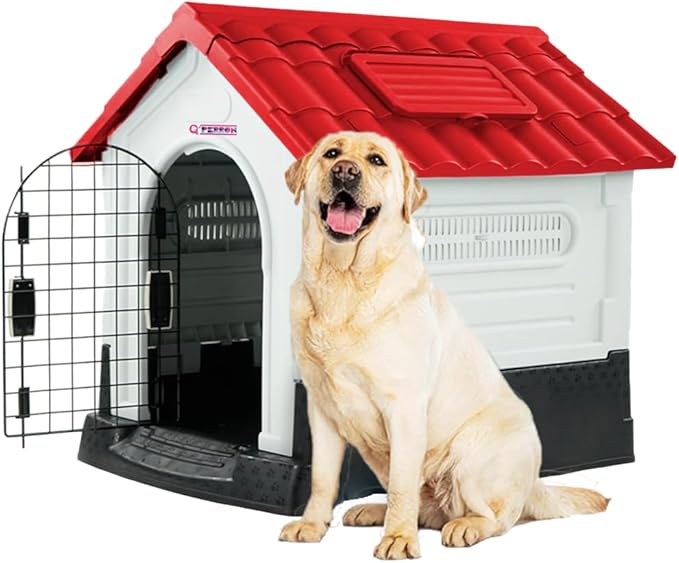 Q PERRON Casa para Perros Grande de Plástico con Puerta Métalica de 105 X 88 X 100 Cm. Amplia, Térmica, Impermeable con Ventilación, Piso Elevado, Fácil de Limpiar y Armar, Plegable.