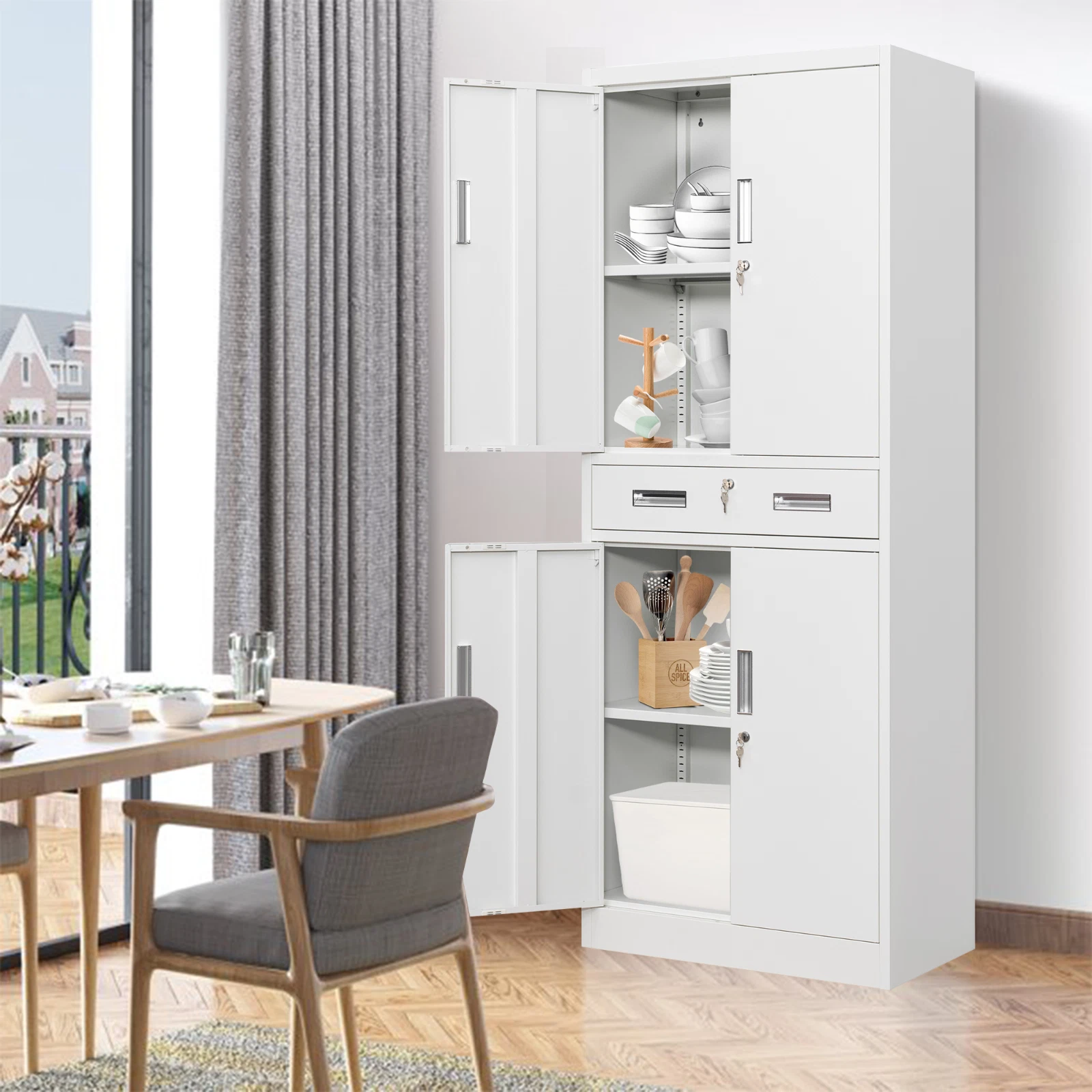 Gabinetes de almacenamiento de metal con cajones y estantes ajustables, gabinete de almacenamiento con cerradura