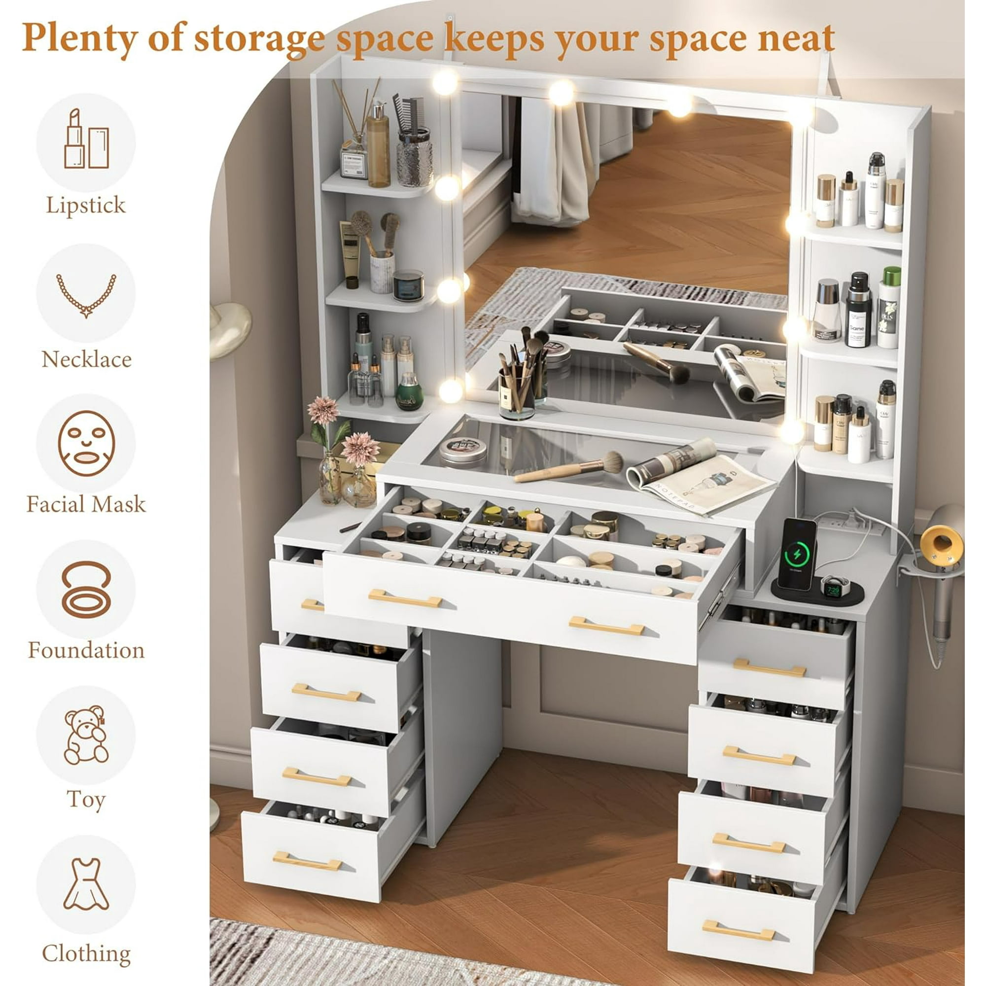 Tocador blanco con espejo y luces LED, tocador con tapa de cristal con estación de carga y cajones de almacenamiento con compartimentos, mesa de tocador de maquillaje grande con 9 cajones y 6 estantes