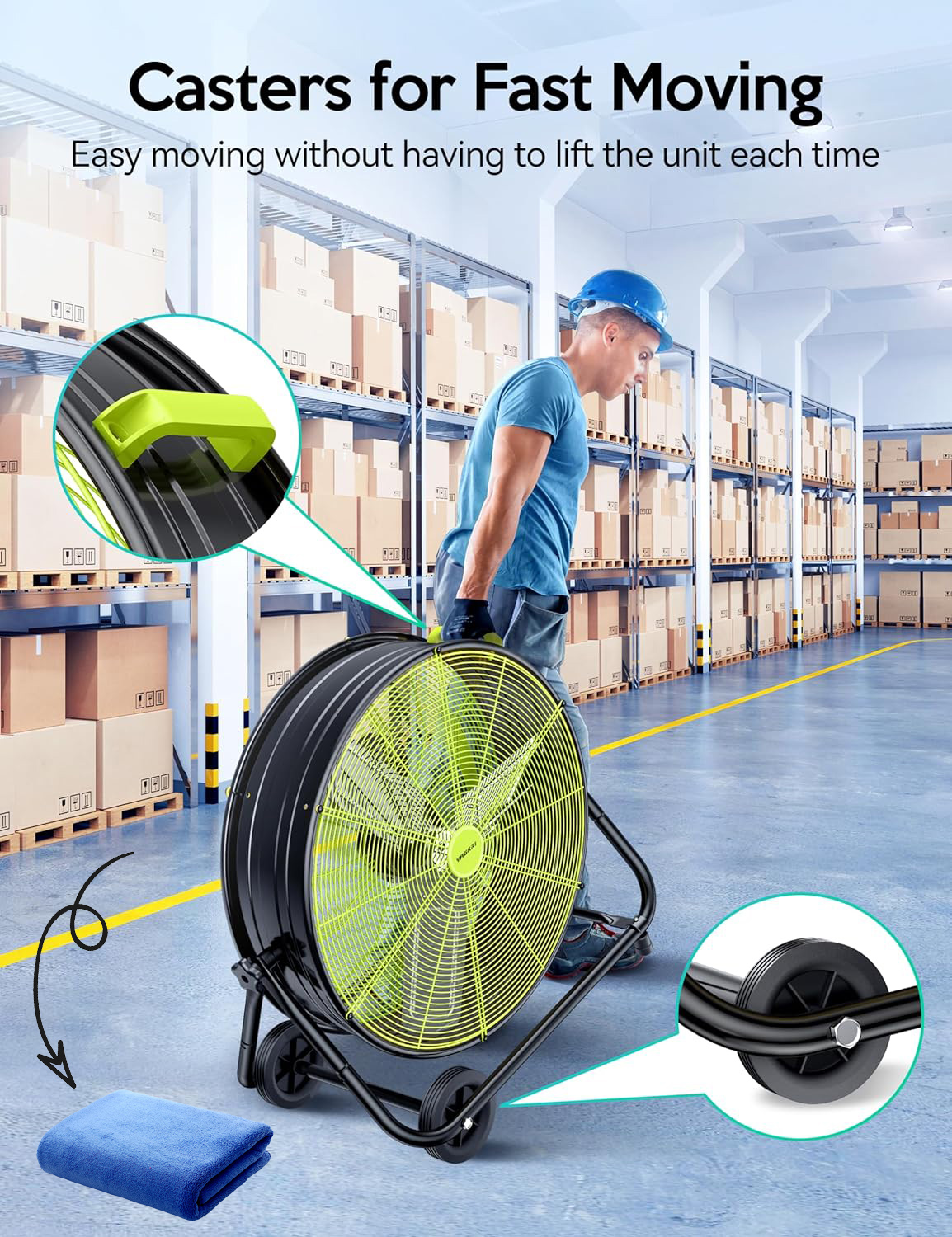 VAGKRI Ventilador Industrial de Tambor de 24 Pulgadas, Ventilador de Piso de Alta Velocidad de 320W, Circulador de Aire Metálico de 3 Velocidades para Trabajo Pesado, Inclinación de 360° con Mango