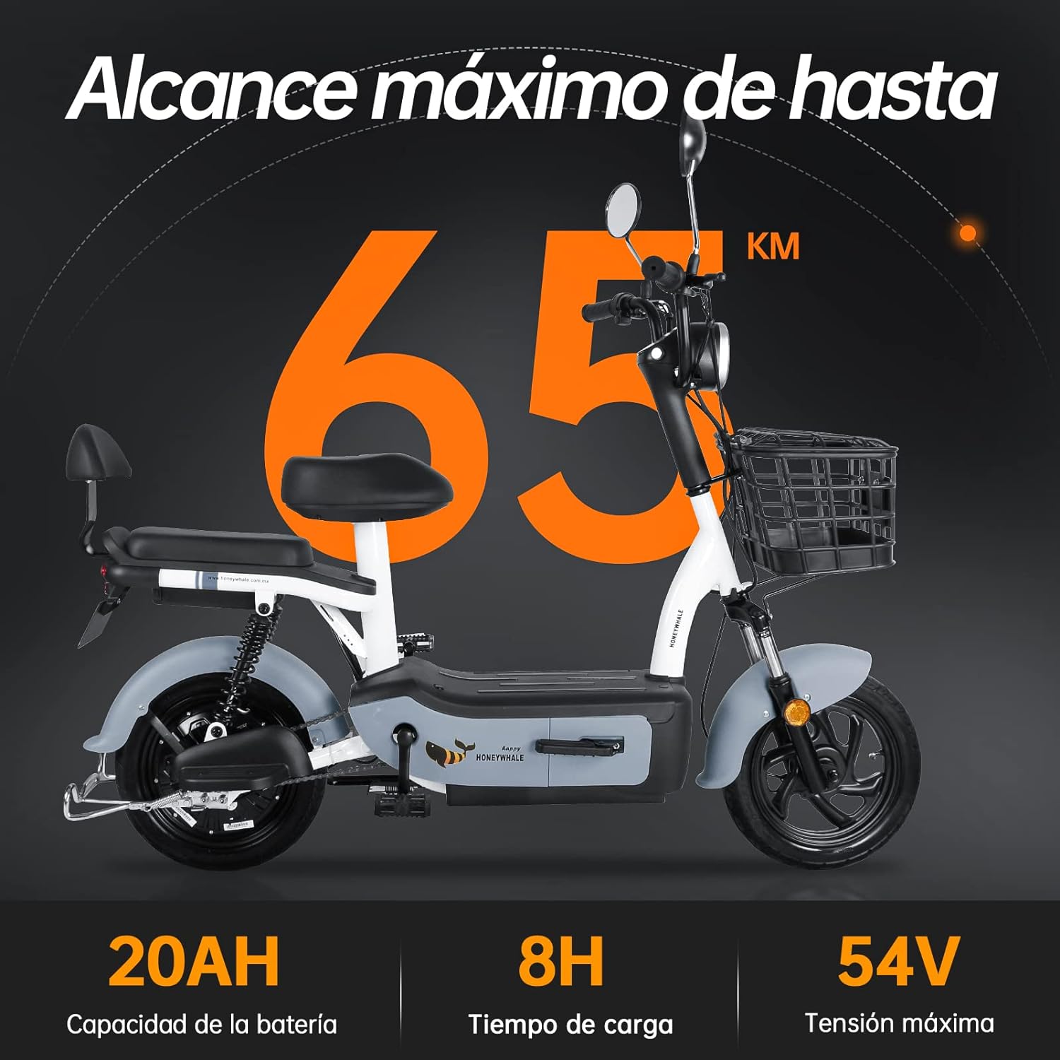 HONEYWHALE U1s Bicicleta Electrica para Adultos, Bicimoto Eléctrica con Alarma, Máxima del Motor 650W, Velocidad Máxima 31KM/H, Autonomía 60-65KM, Baterías de Gran Capacidad de 20AH, Dos Asientos