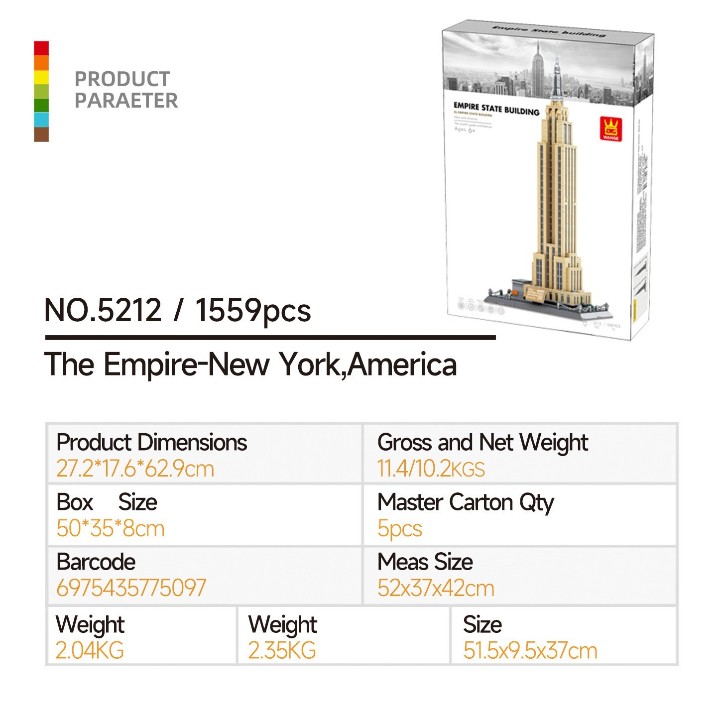 Wangge-5212 Amerikanisches New York Empire State Building Set, kompatibel mit Kleinteil-Bauspielzeug, ideales Baugeschenk für Männer