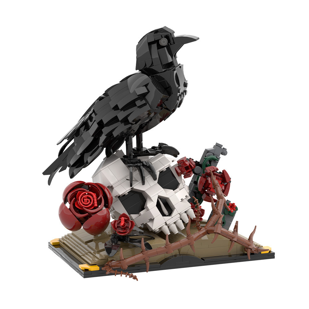 Kompatibel mit MOC-Sets mit kleinen Partikeln, Rabenschädel und Blumen-Halloween-Bausteinornament