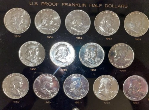 1950-1963 COMPLETE 14 COIN PROOF FRANKLIN HALF DOLLAR SET CAPITAL PLASTIC HOLDER - Picture 1 of 15