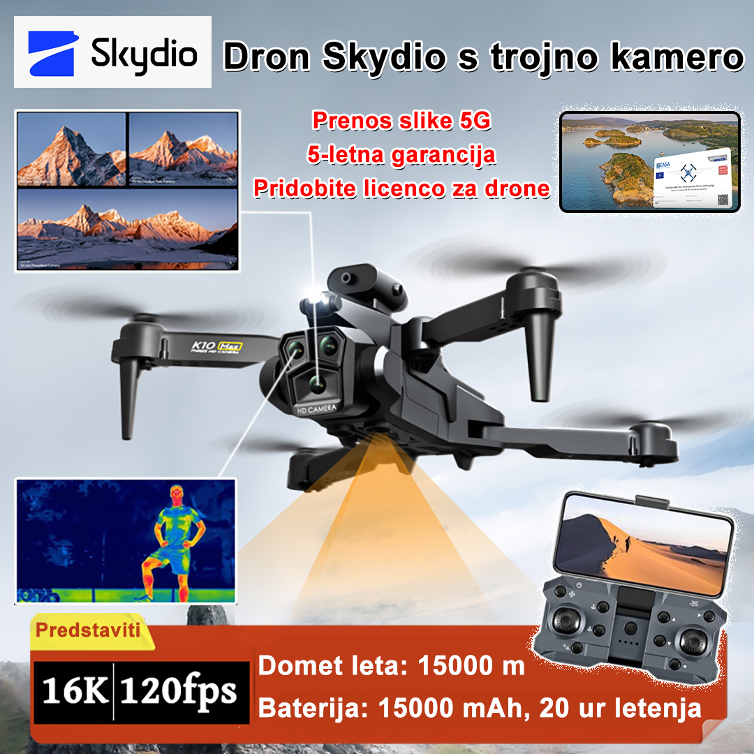 Dron Skydio s trojno kamero. Kakovost slike 16K, 120fps. Konfigurirajte toplotno sliko