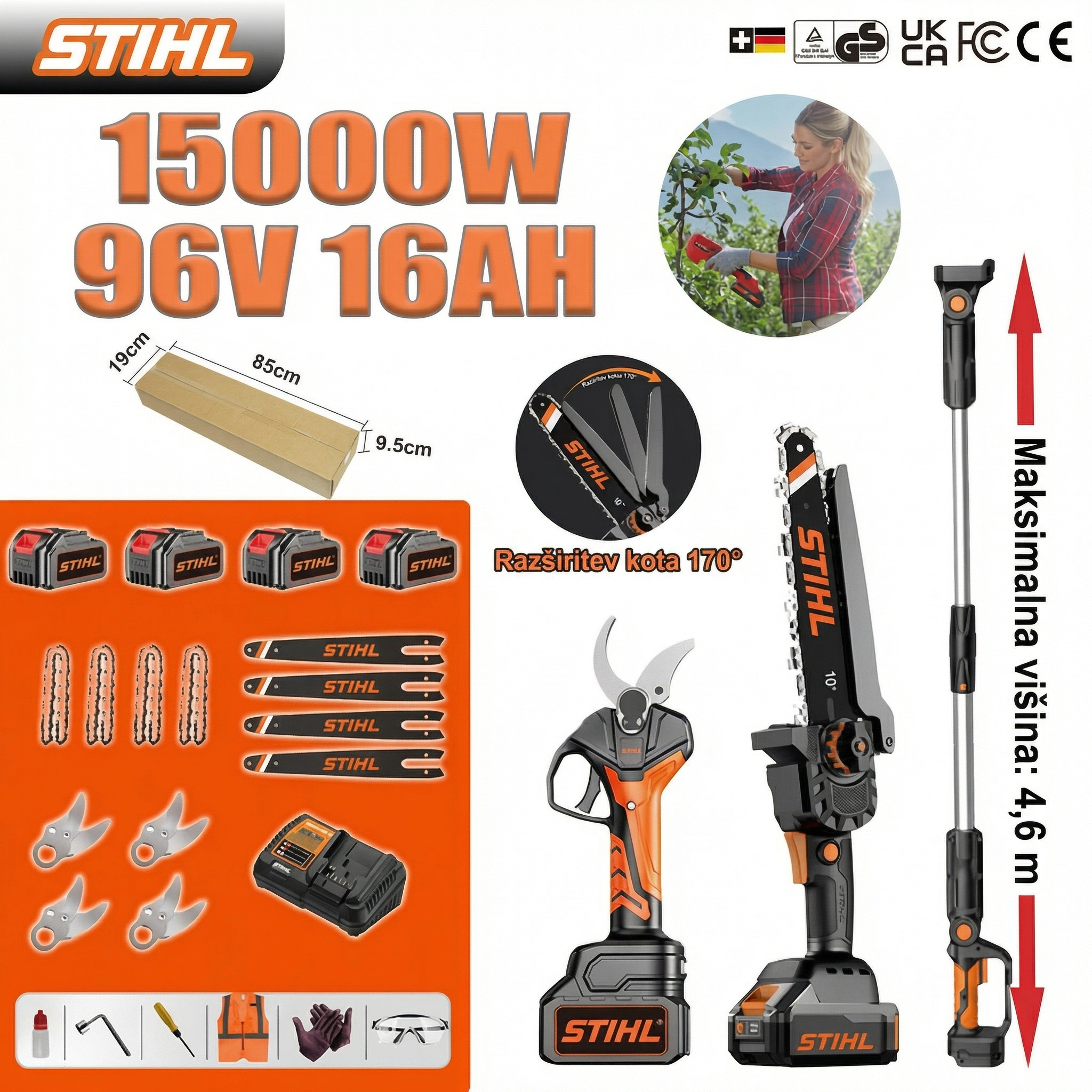 Komplet akumulatorskih motornih žag STIHL, 10 palcev, 15000 W, z dolgim ​​ročajem in raztegljivim rezalnikom vej.
