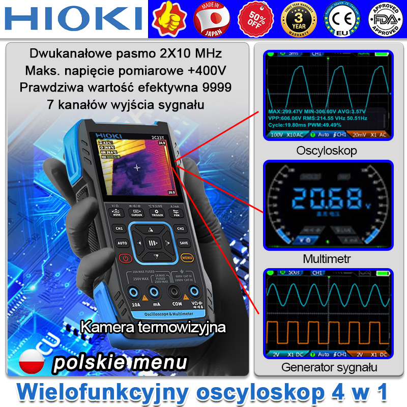 Wielofunkcyjny oscyloskop 4 w 1 HIOKI + generator sygnału + multimetr + kamera termowizyjna na podcz