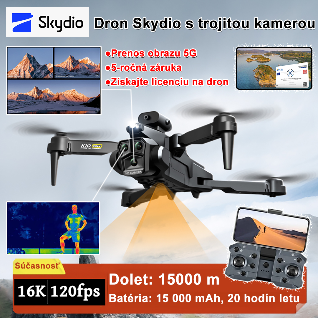 Dron Skydio s trojitou kamerou. Kvalita obrazu 16K, 120 snímok za sekundu. Konfigurácia termovízie