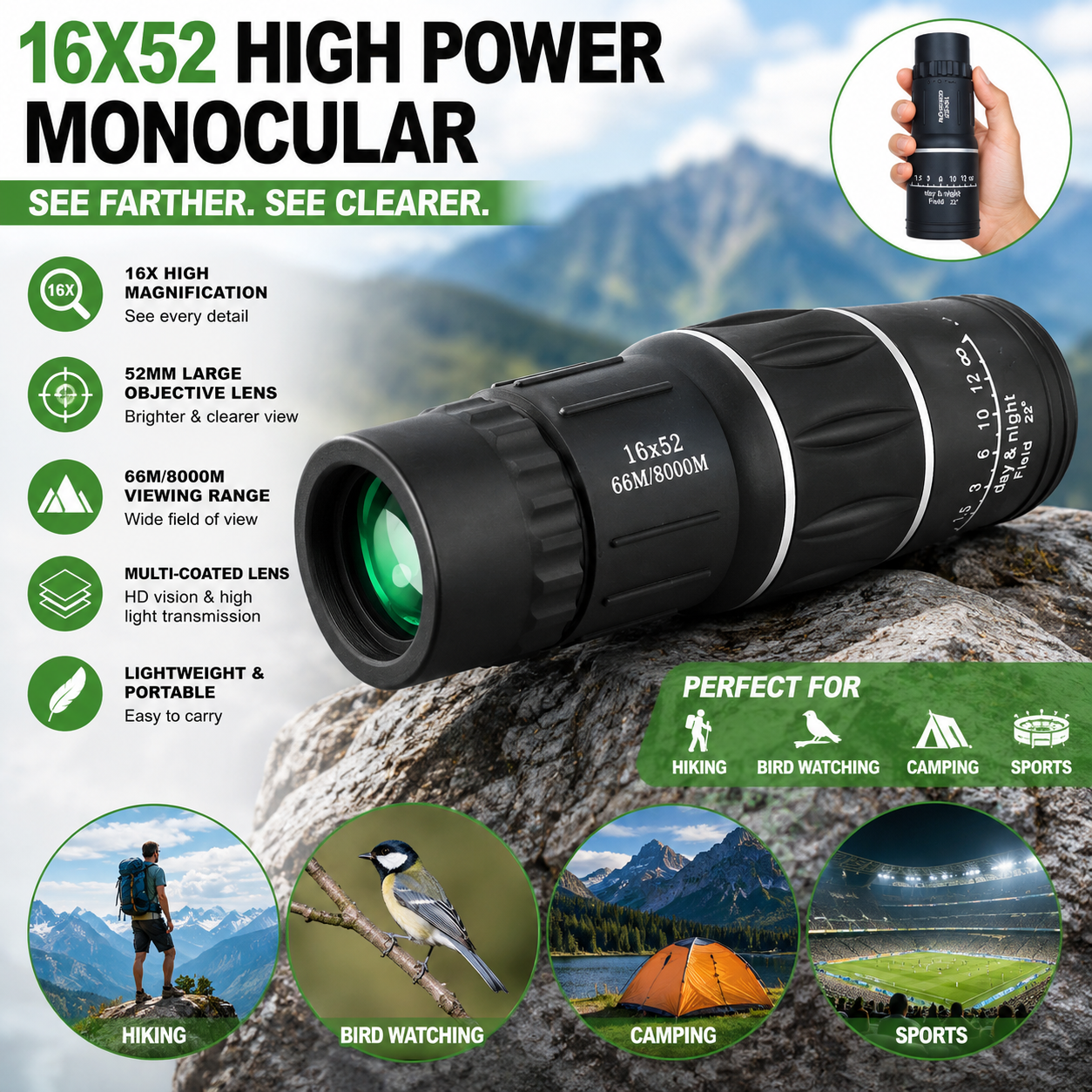 Portable Outdoor Monocular Telescope: Night Vision, Wide-Angle, Large Aperture, Ultra-High Definition