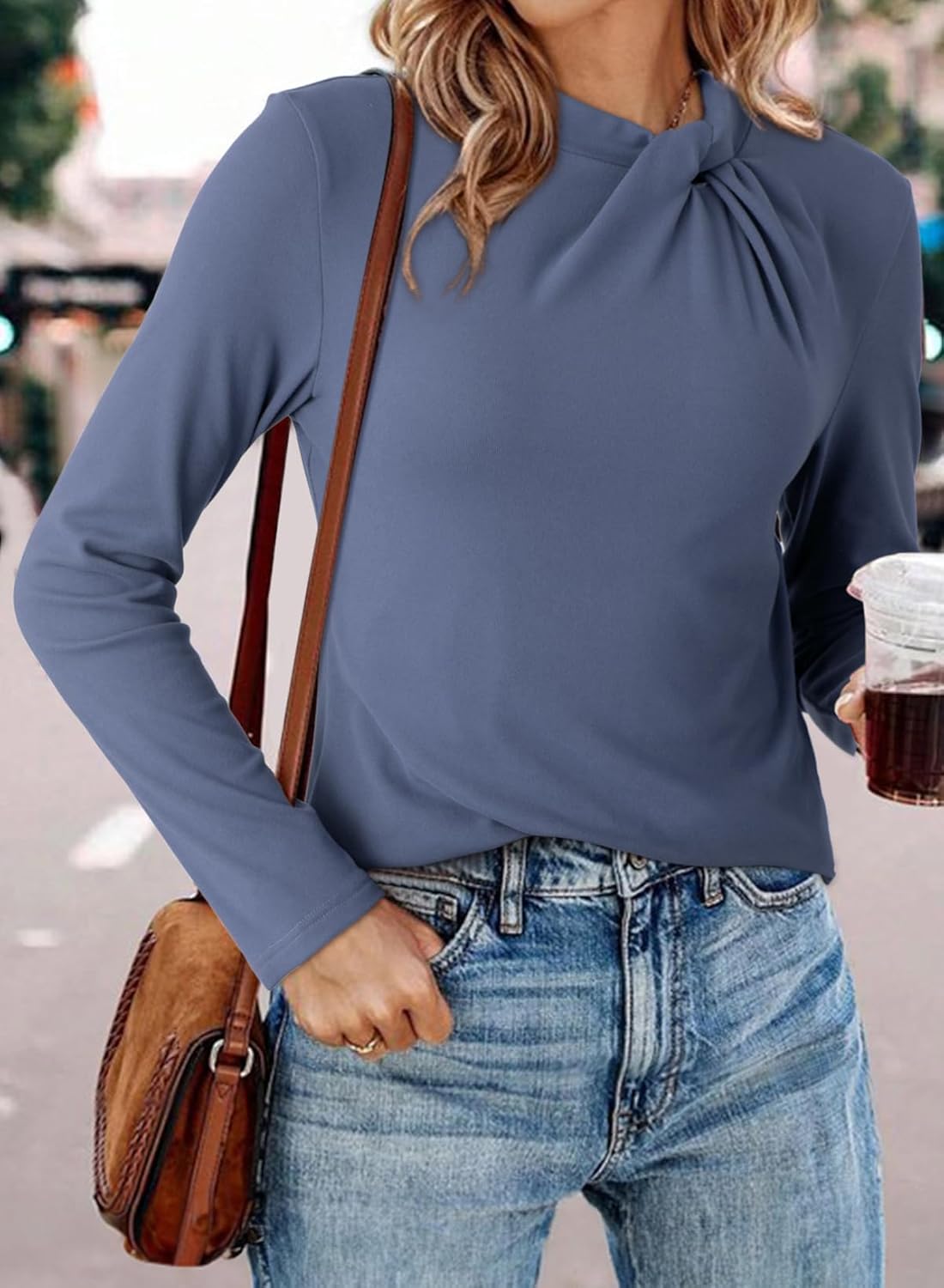 Womens Soft Stretch Tops Long Sleeve Mock Neck Twist Knot Tees