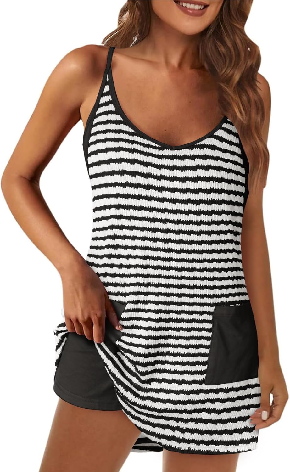 Womens Stripe Athletic Dress Mini Romper Dress with Built in Shorts