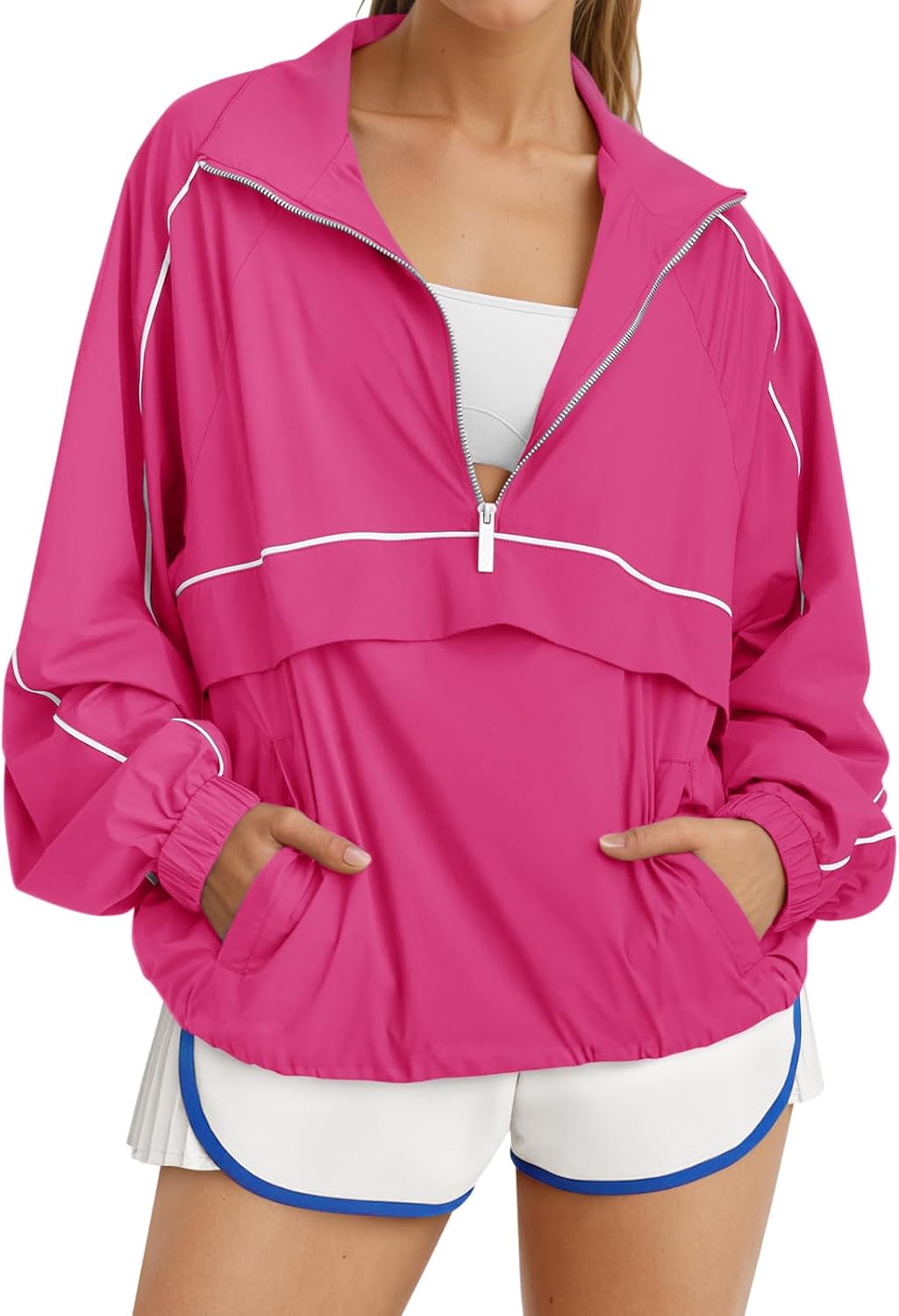 Women Quarter Zip Lightweight Pullover Windbreaker Jacket Oversized Sweatshirt