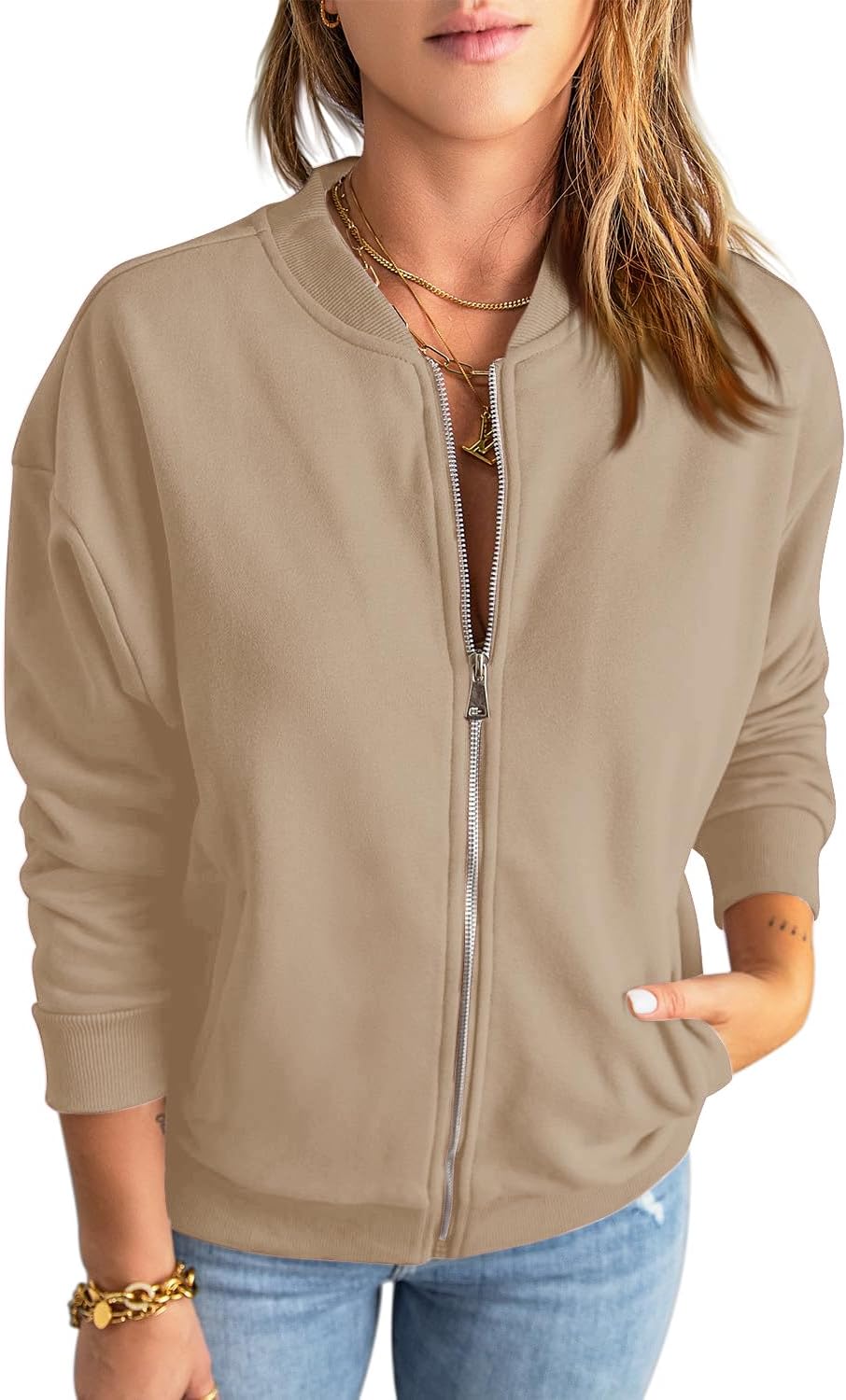 Womens Zip Up Sweatshirts Jackets Long Sleeve Casual Loose Outwear with Pockets