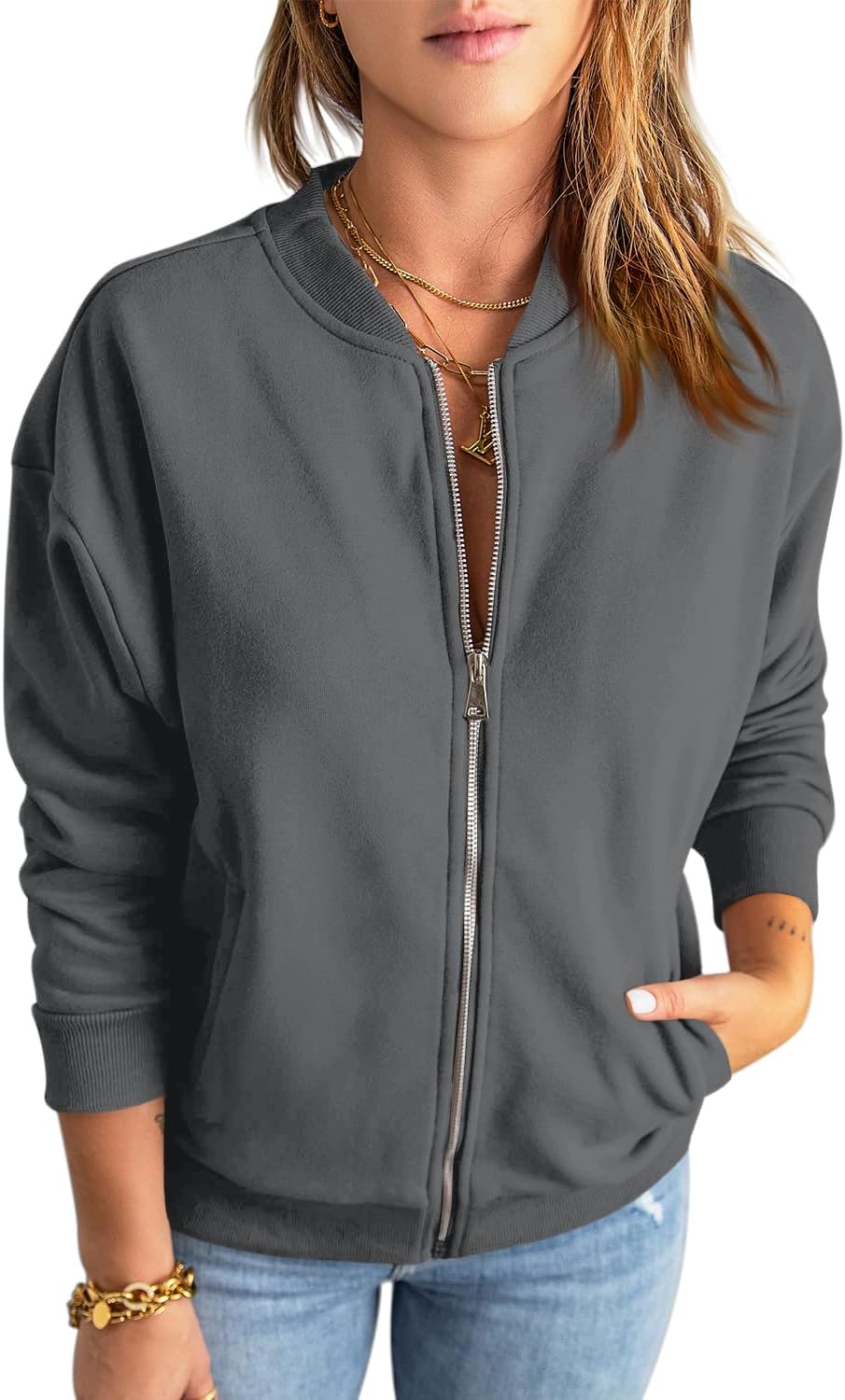 Womens Zip Up Sweatshirts Jackets Long Sleeve Casual Loose Outwear with Pockets