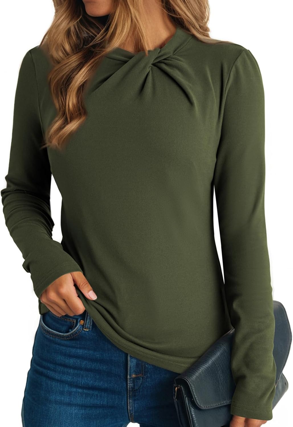 Womens Soft Stretch Tops Long Sleeve Mock Neck Twist Knot Tees
