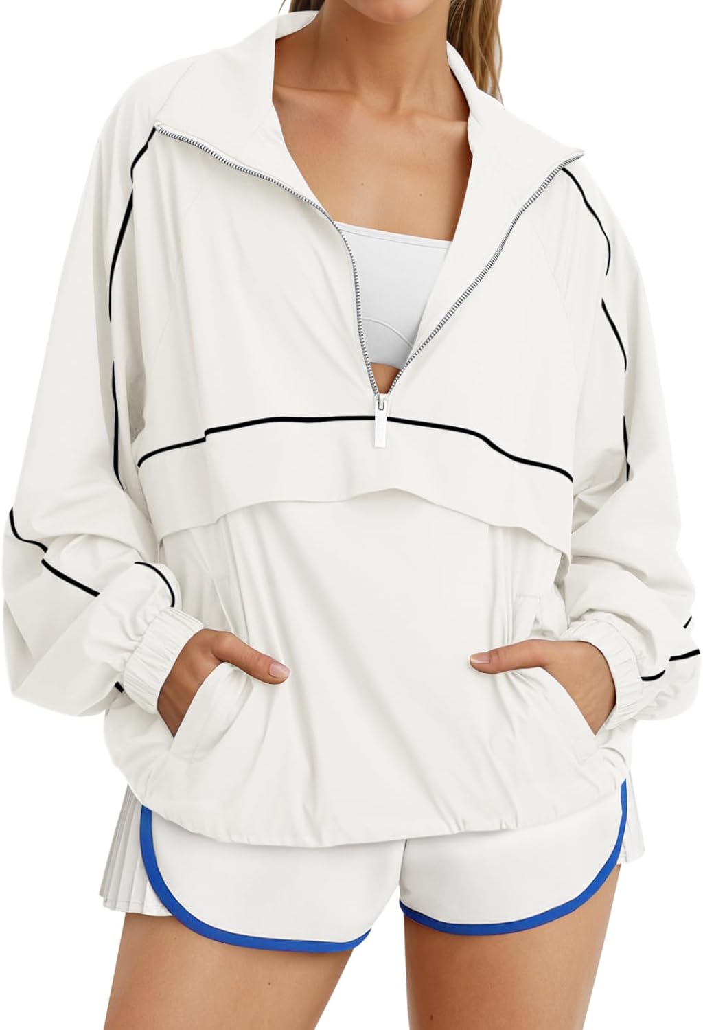Women Quarter Zip Lightweight Pullover Windbreaker Jacket Oversized Sweatshirt