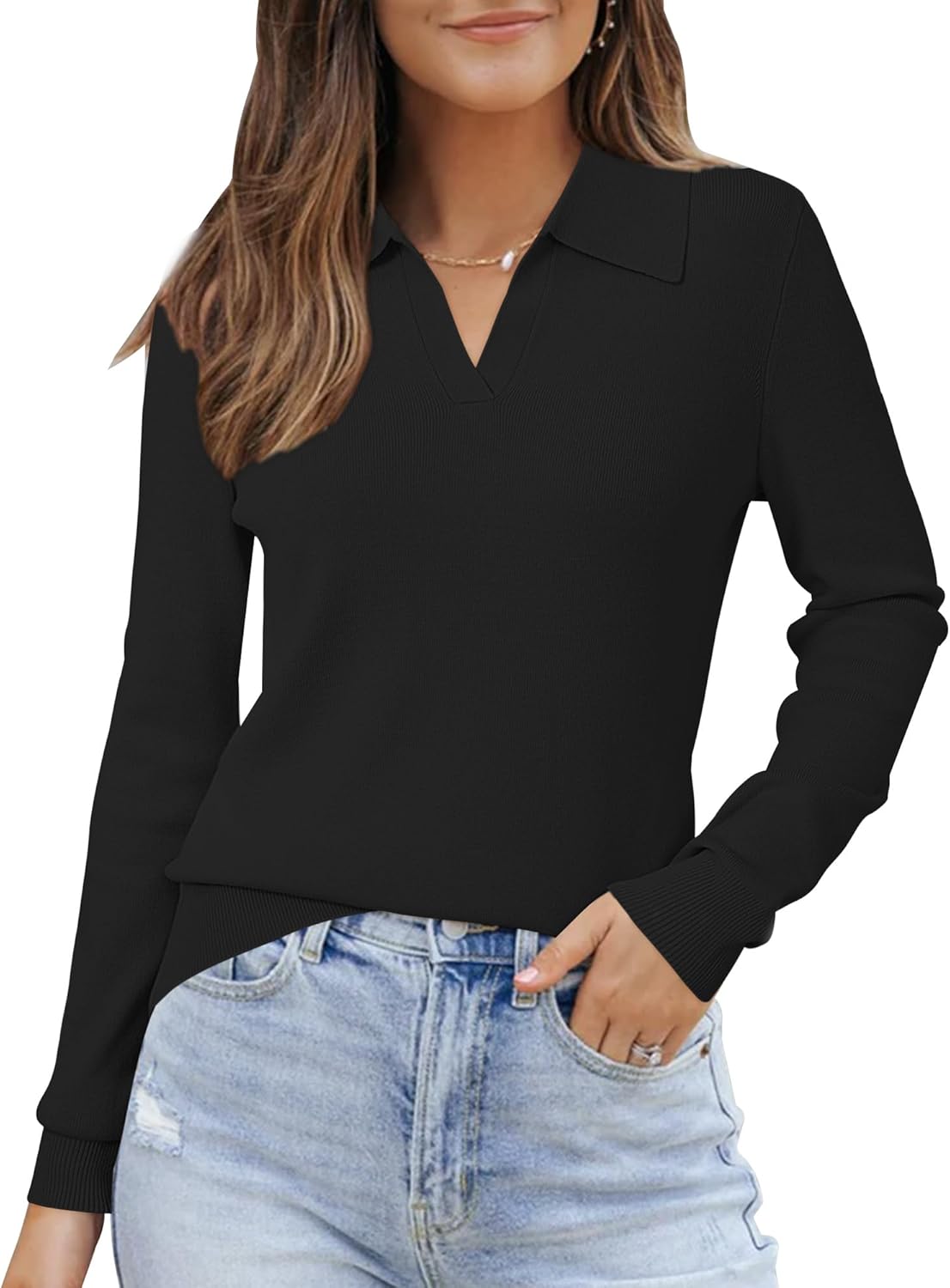 Women’s Wool Blend V Neck Collared Pullover Sweaters