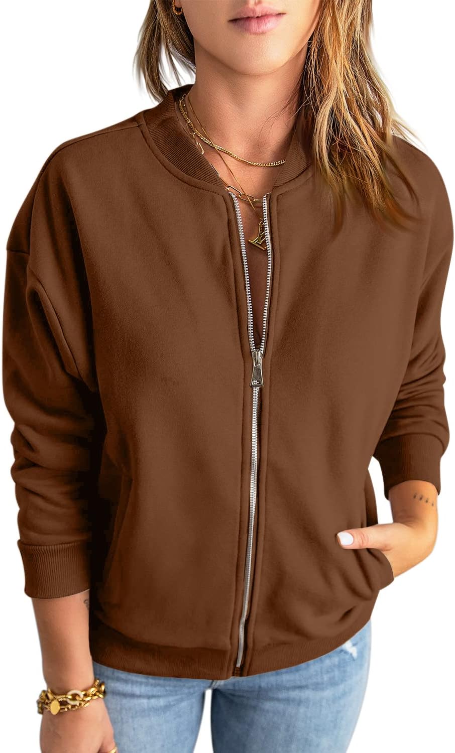 Womens Zip Up Sweatshirts Jackets Long Sleeve Casual Loose Outwear with Pockets