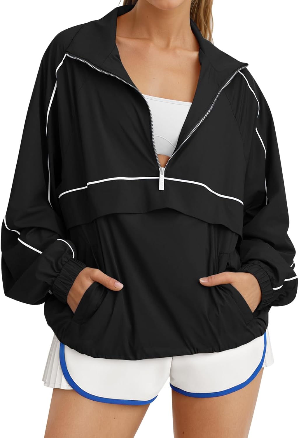 Women Quarter Zip Lightweight Pullover Windbreaker Jacket Oversized Sweatshirt