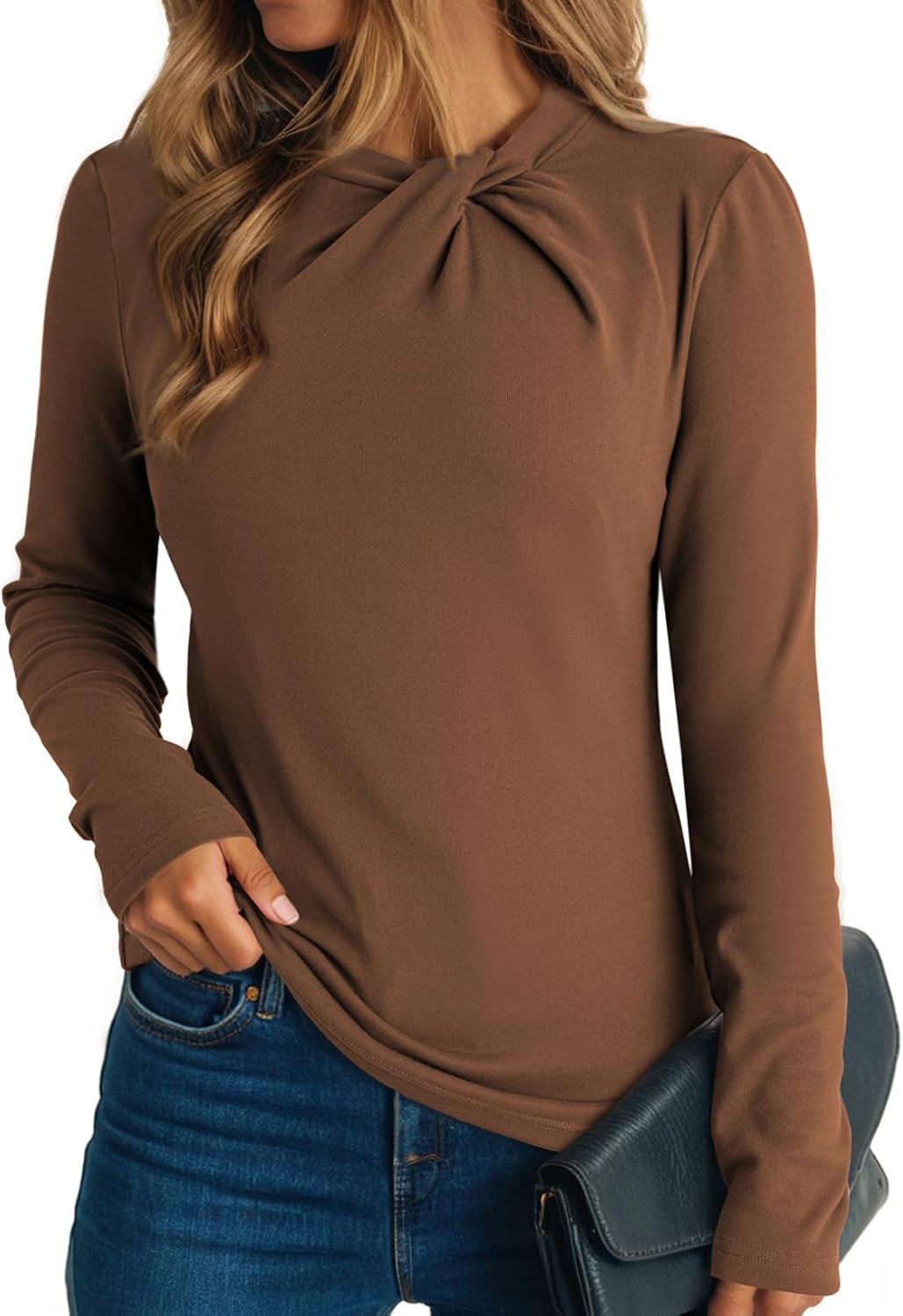 Womens Soft Stretch Tops Long Sleeve Mock Neck Twist Knot Tees