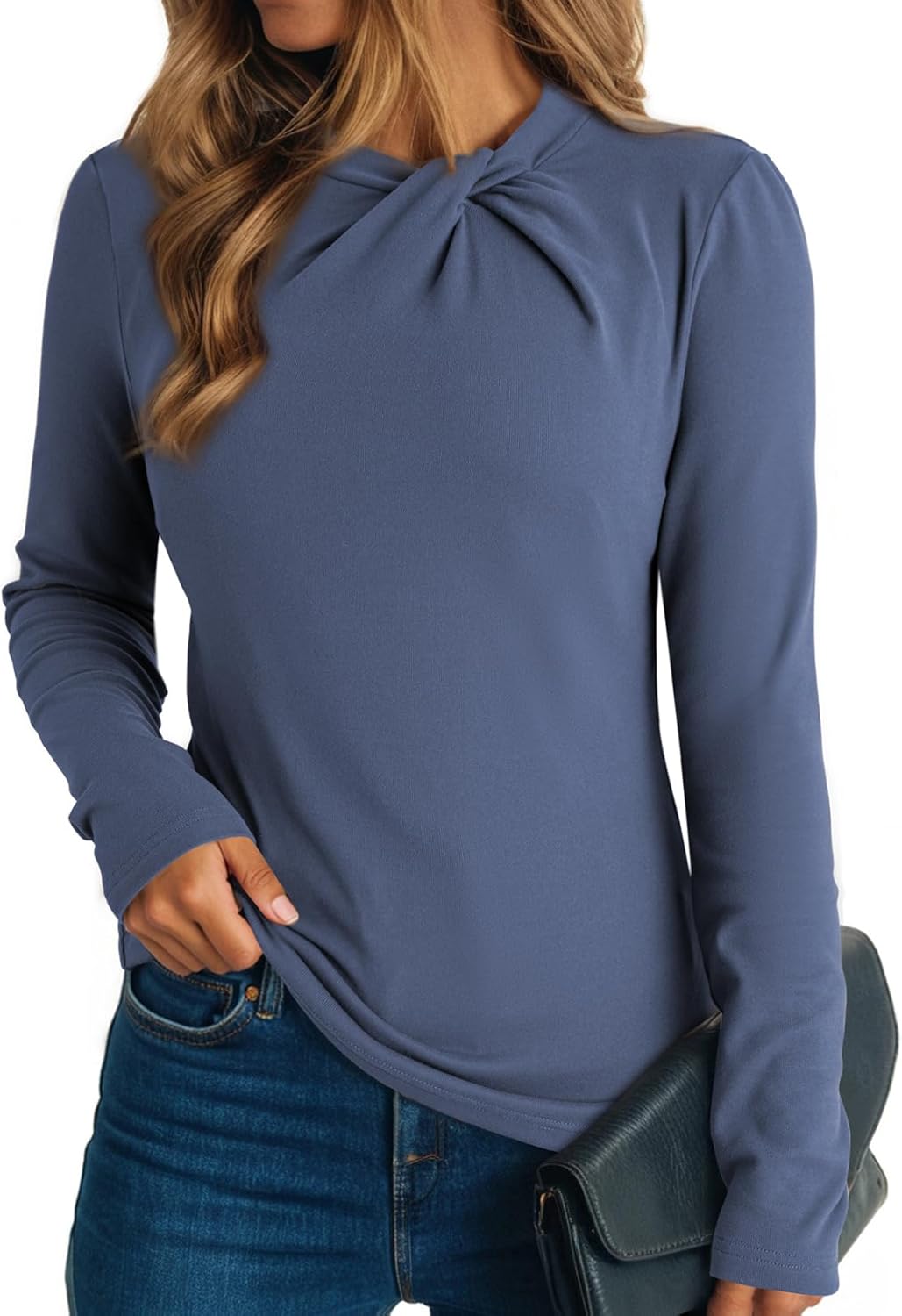Womens Soft Stretch Tops Long Sleeve Mock Neck Twist Knot Tees