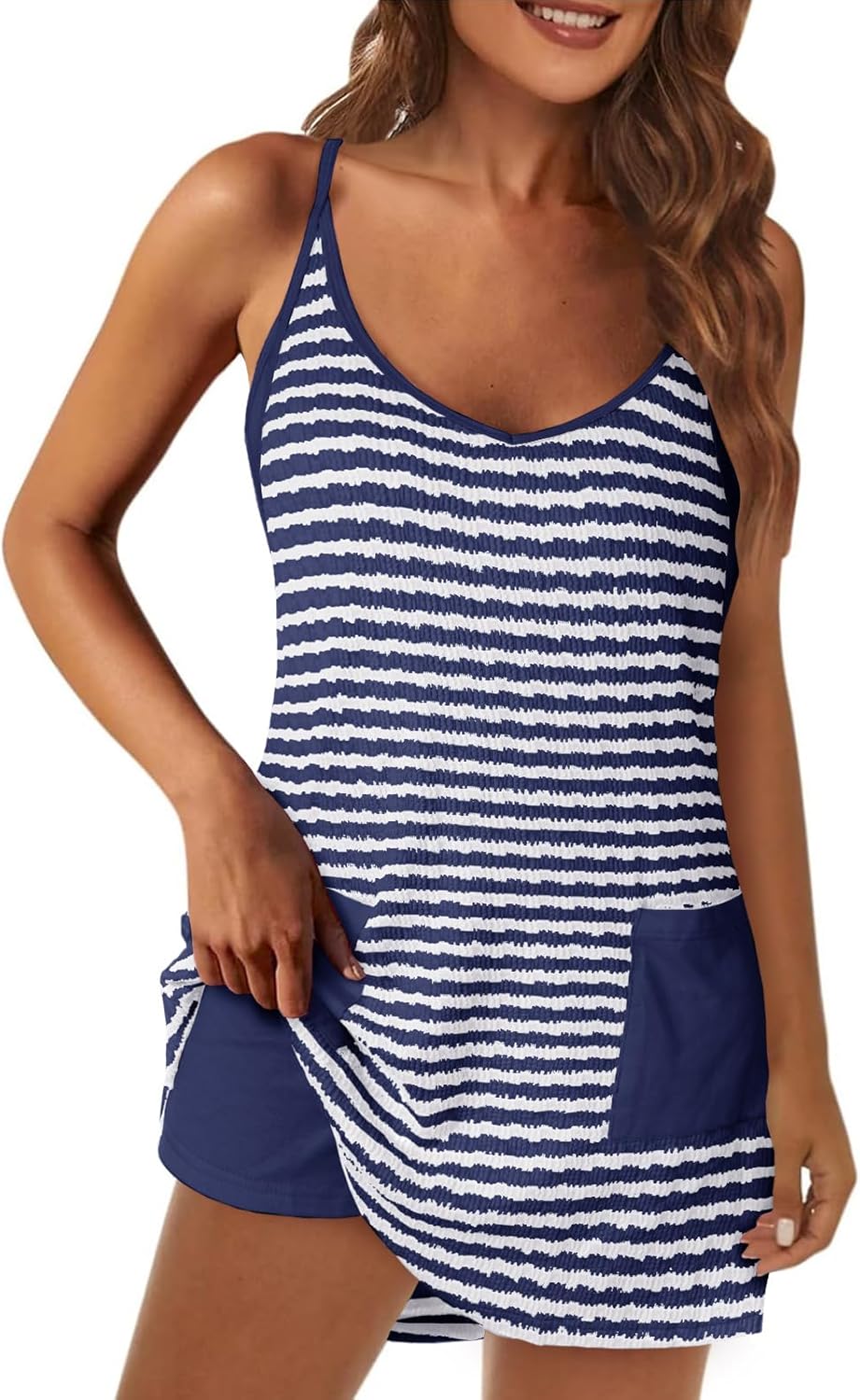 Womens Stripe Athletic Dress Mini Romper Dress with Built in Shorts