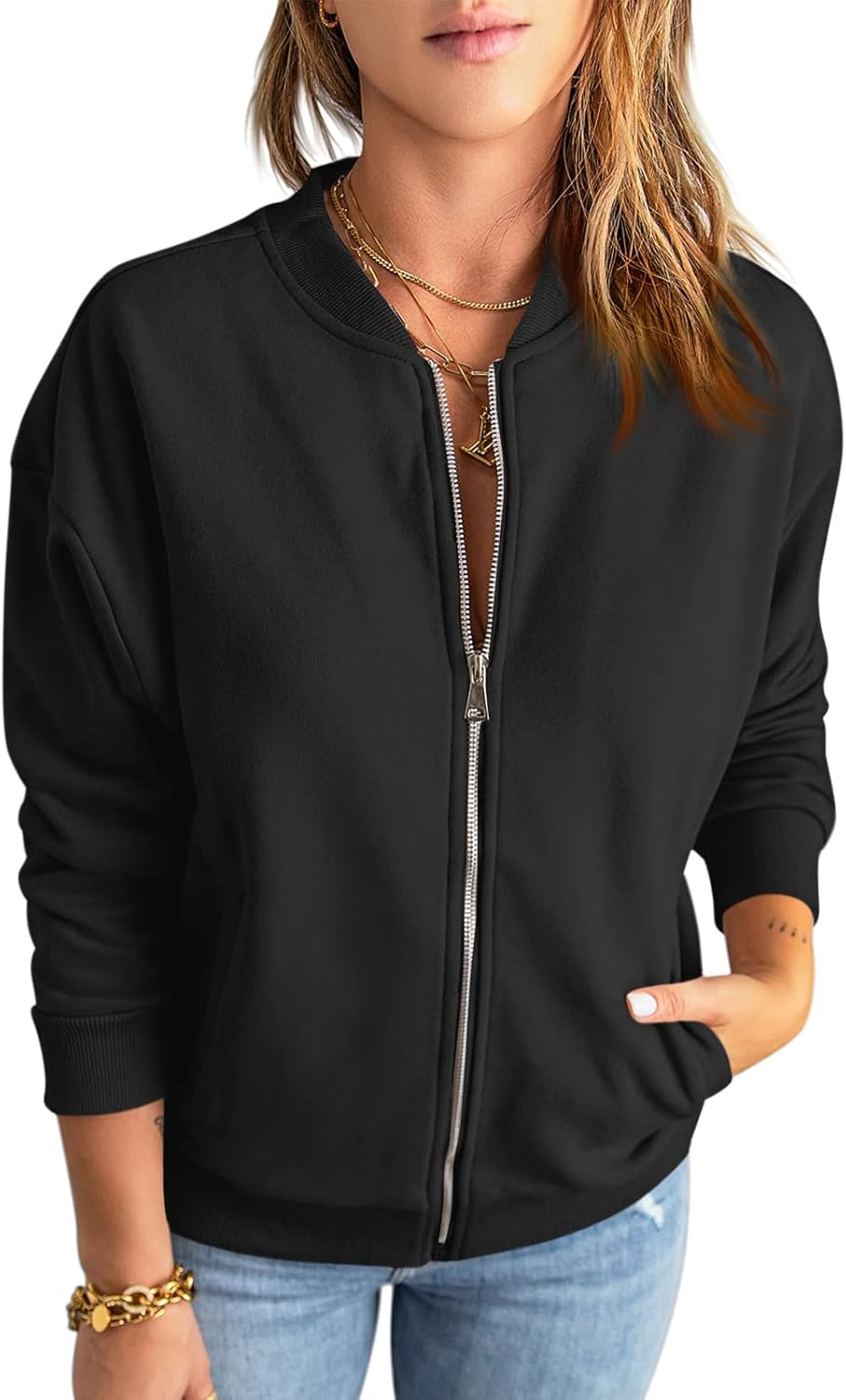 Womens Zip Up Sweatshirts Jackets Long Sleeve Casual Loose Outwear with Pockets