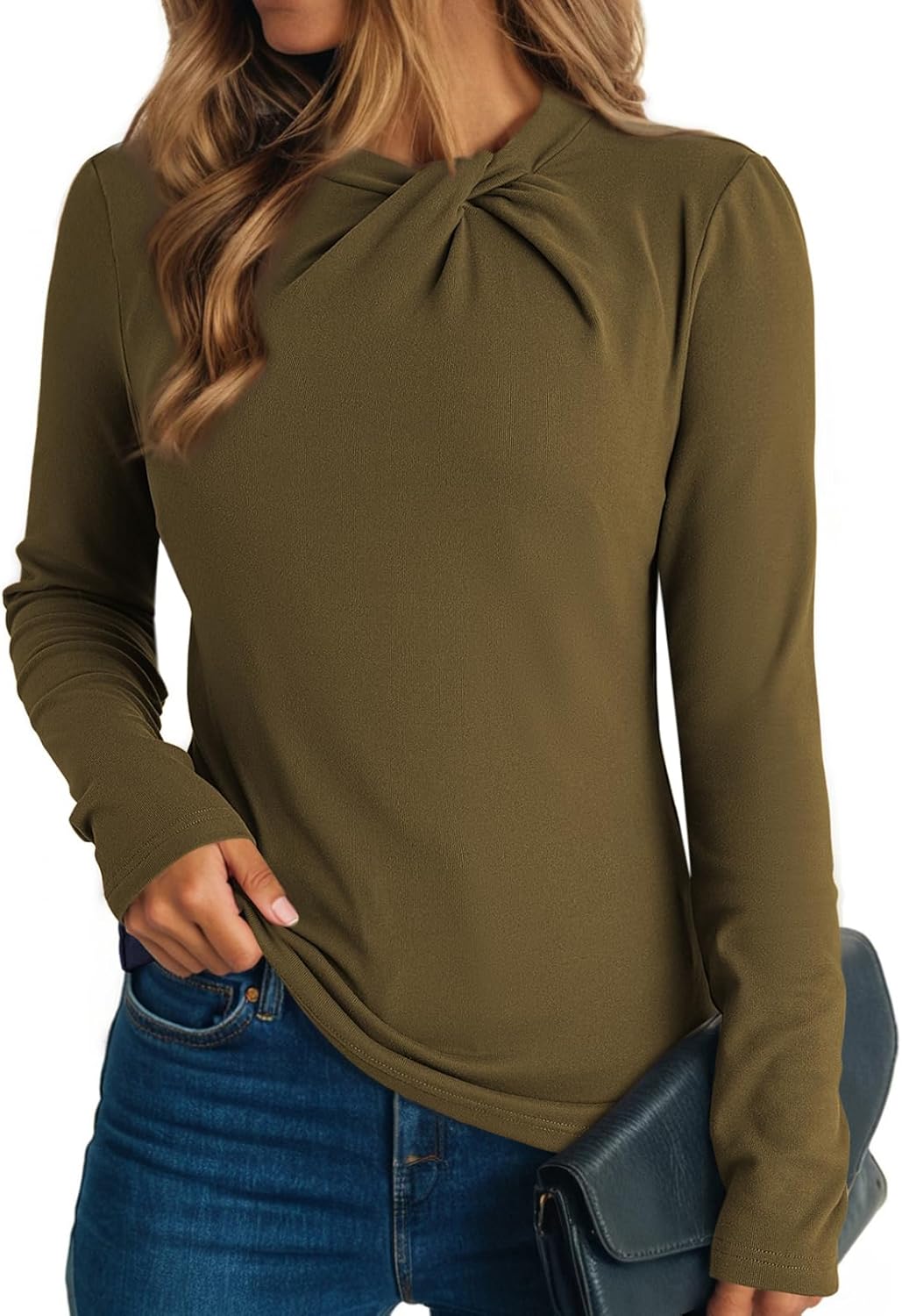 Womens Soft Stretch Tops Long Sleeve Mock Neck Twist Knot Tees