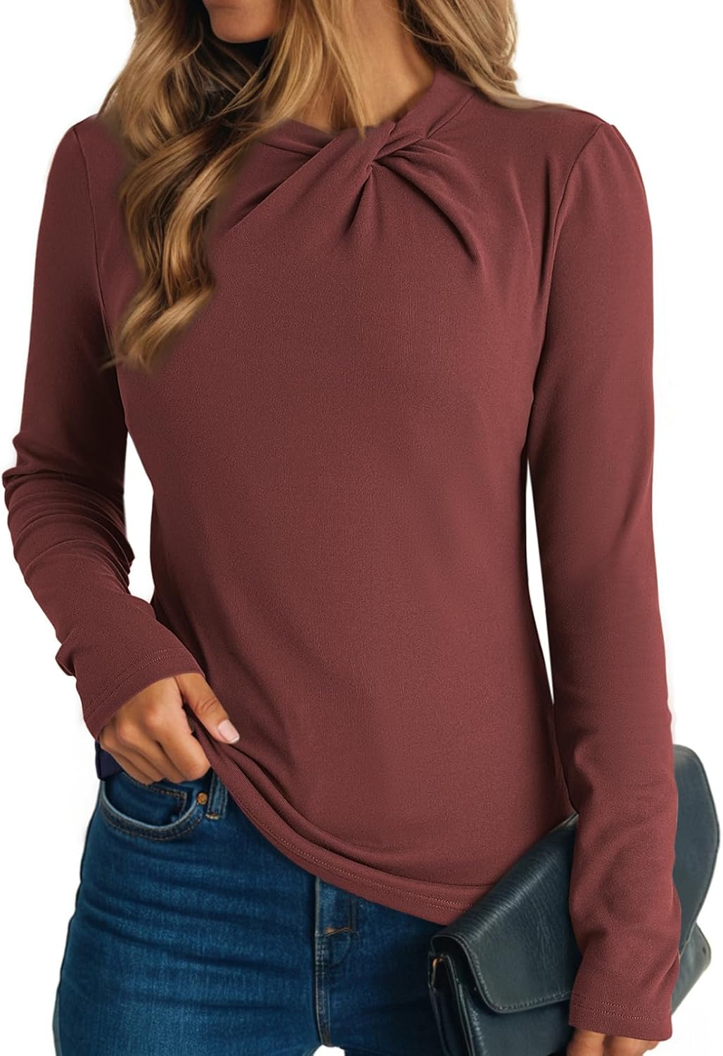 Womens Soft Stretch Tops Long Sleeve Mock Neck Twist Knot Tees